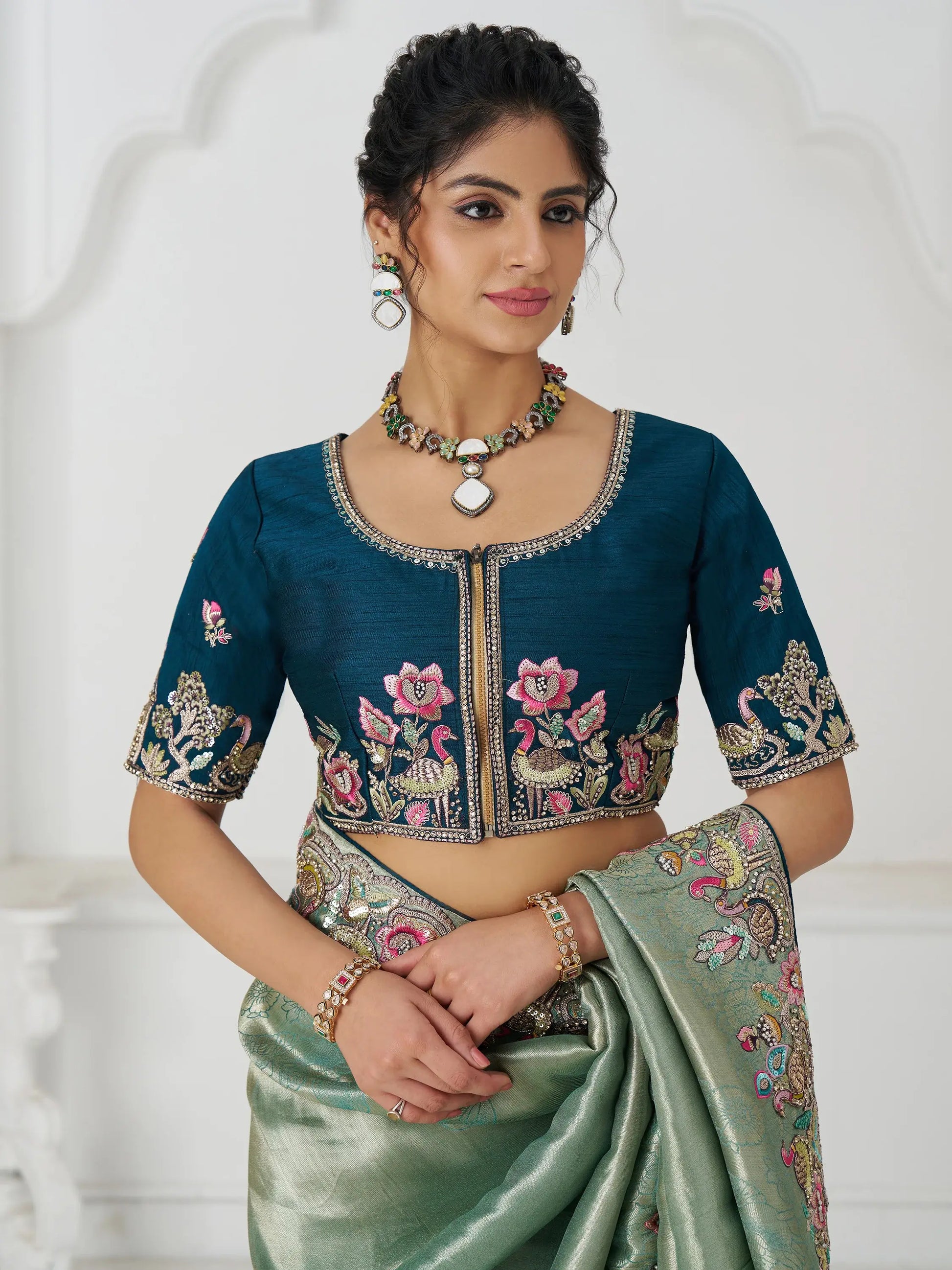 Charming Teal Green Border Work Dola Silk Engagement Wear Saree - Zeel Clothing