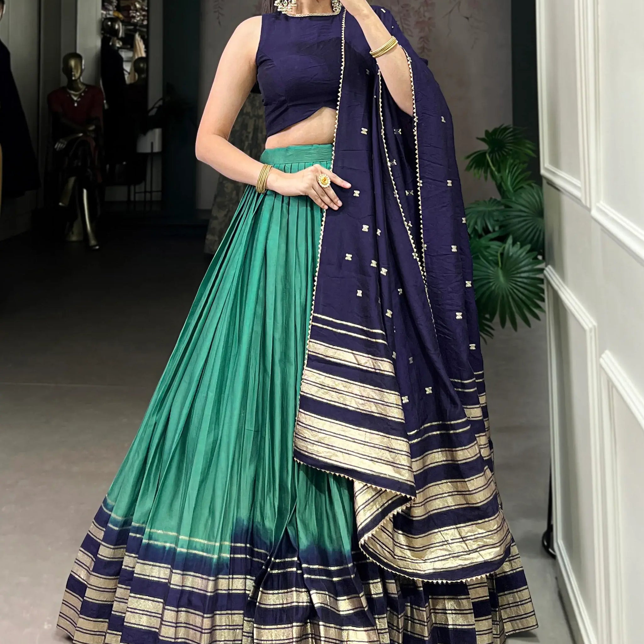 Charming Teal Green Zari Weaving Chanderi Festival Wear Lehenga Choli - Zeel Clothing