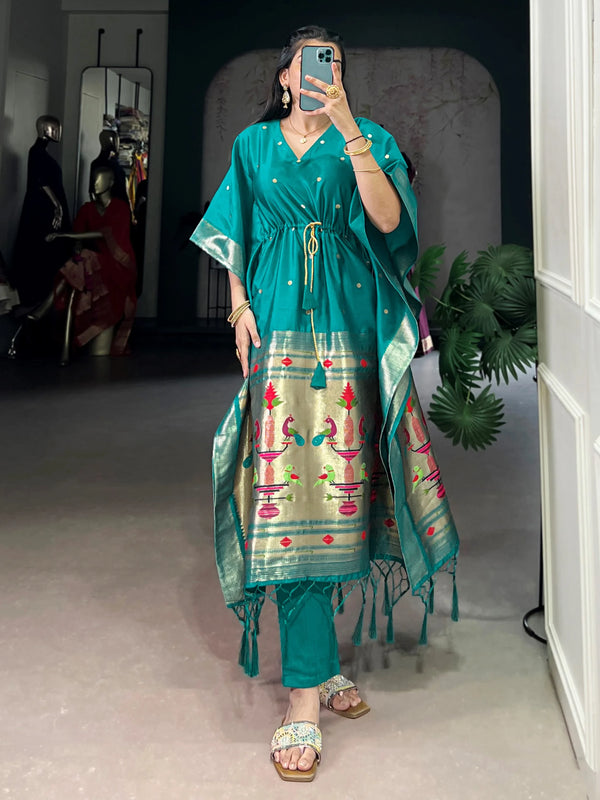 Charming Teal Green Zari Weaving Jacquard Function Wear Kaftan