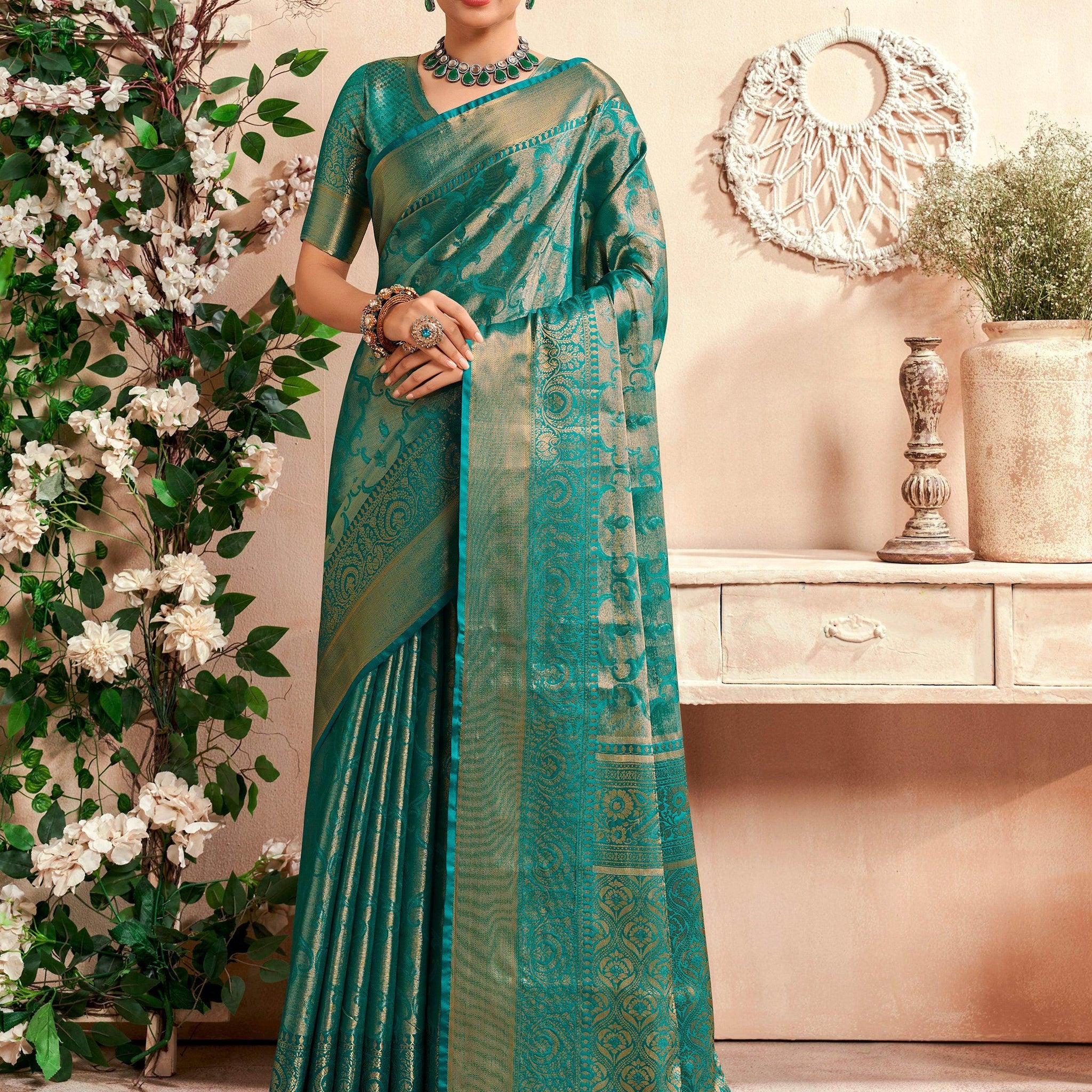 Charming Teal Green Zari Weaving Silk Event Wear Saree With Blouse - Zeel Clothing