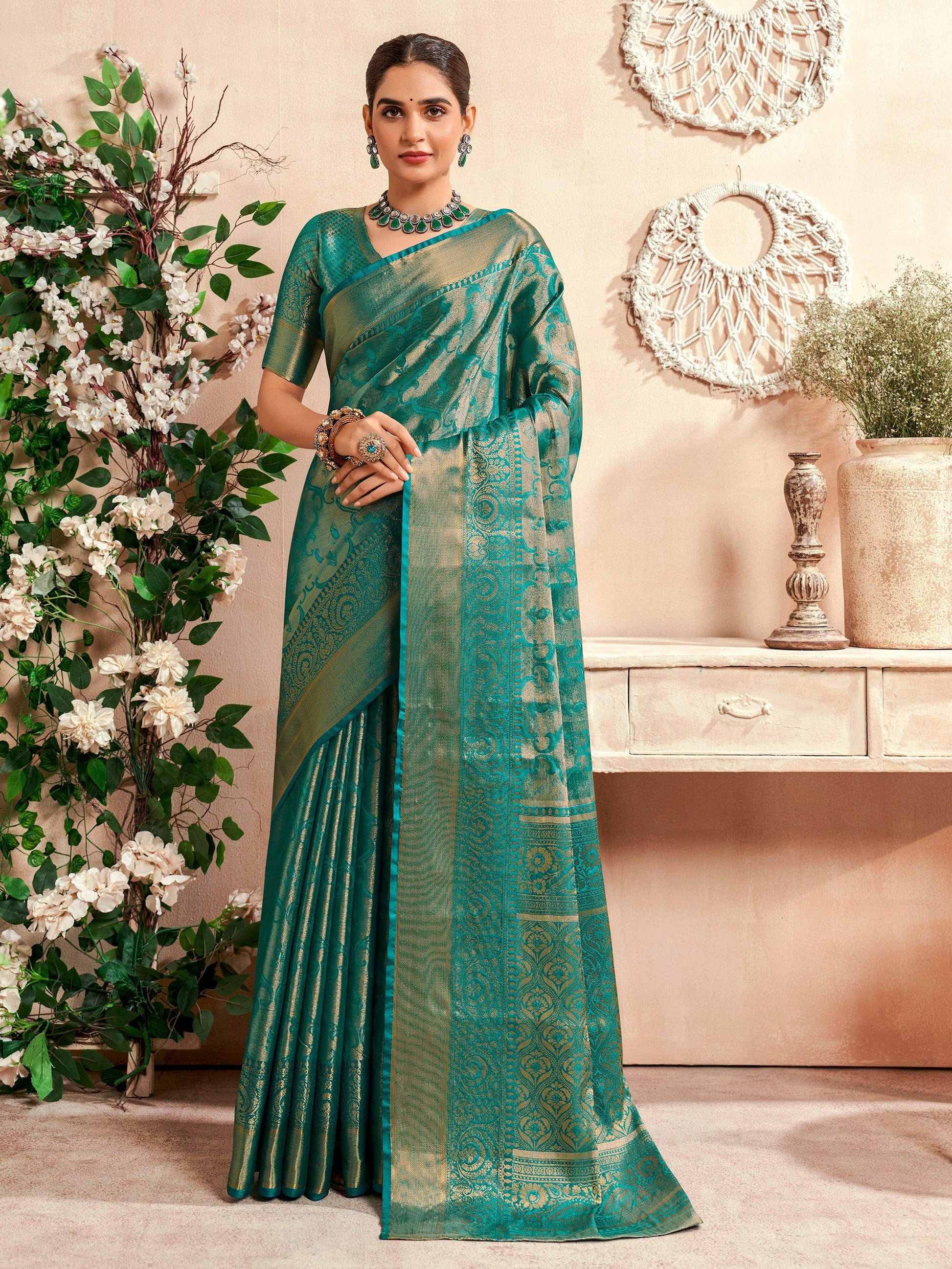 Charming Teal Green Zari Weaving Silk Event Wear Saree With Blouse - Zeel Clothing