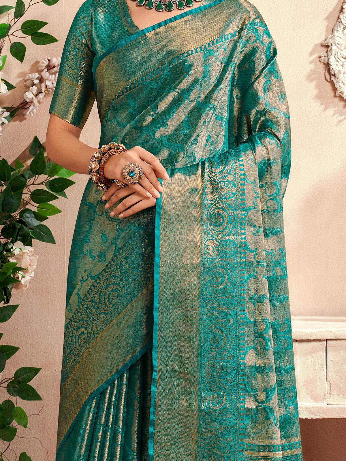 Charming Teal Green Zari Weaving Silk Event Wear Saree With Blouse - Zeel Clothing