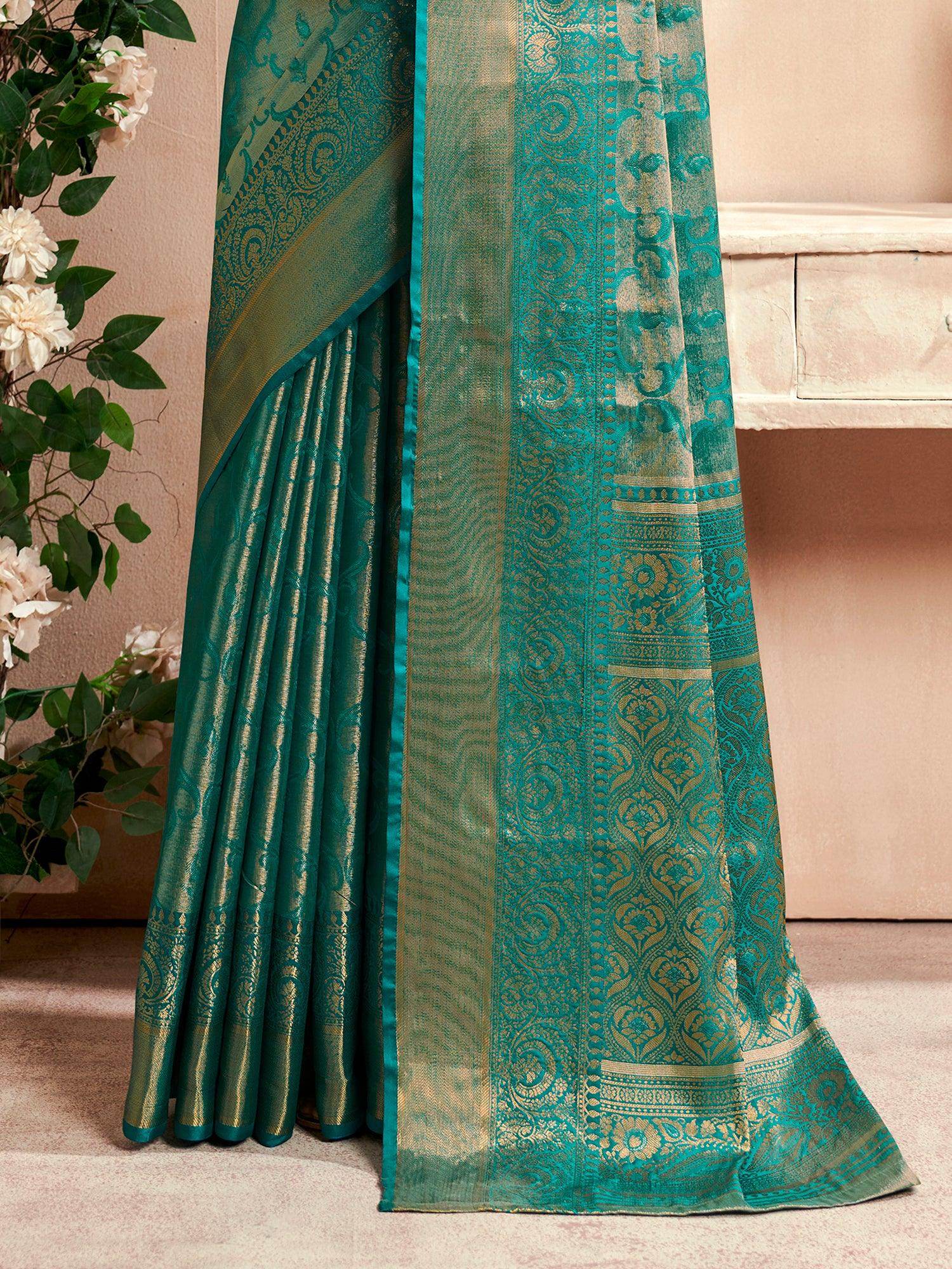 Charming Teal Green Zari Weaving Silk Event Wear Saree With Blouse - Zeel Clothing