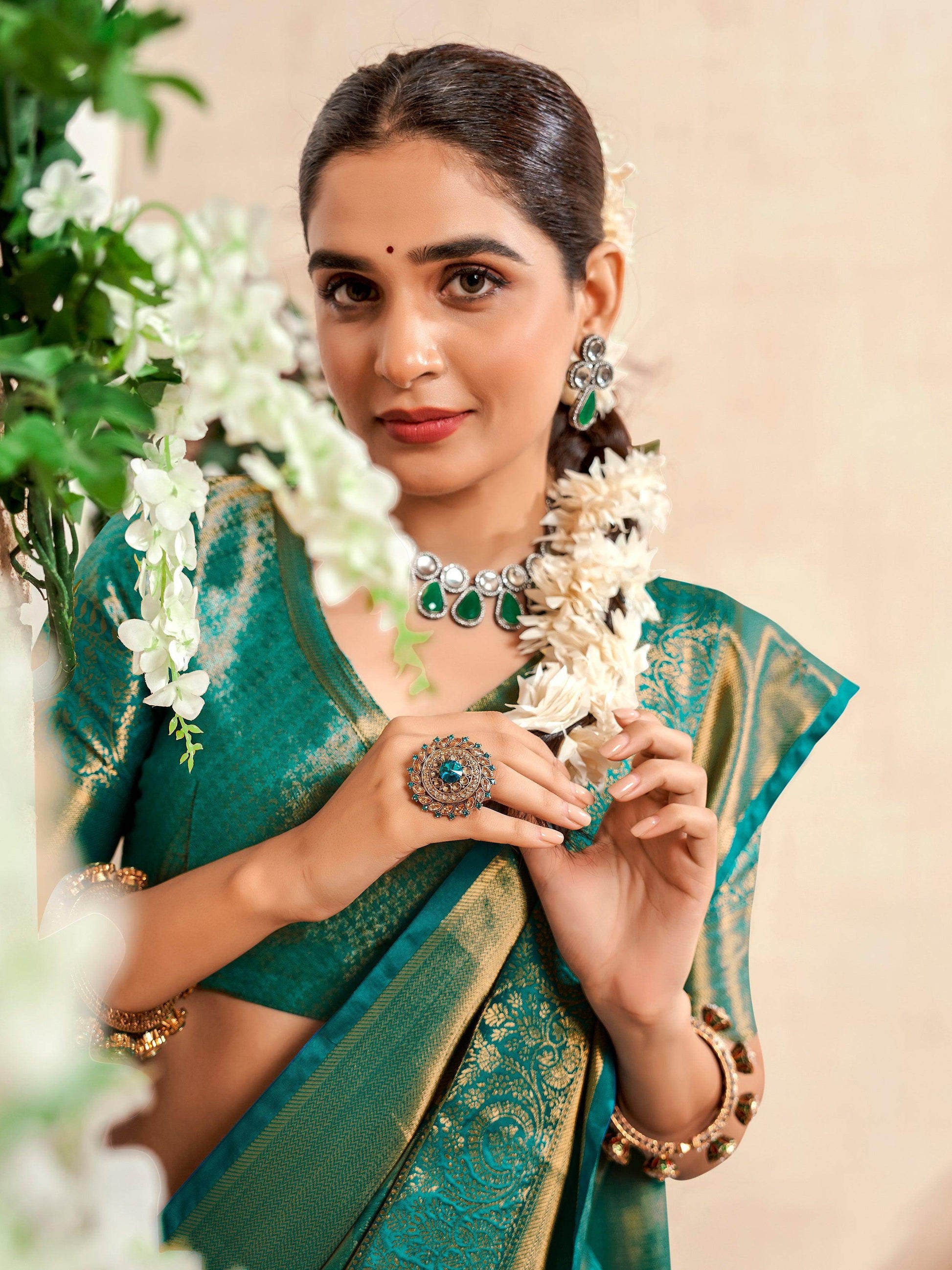 Charming Teal Green Zari Weaving Silk Event Wear Saree With Blouse - Zeel Clothing