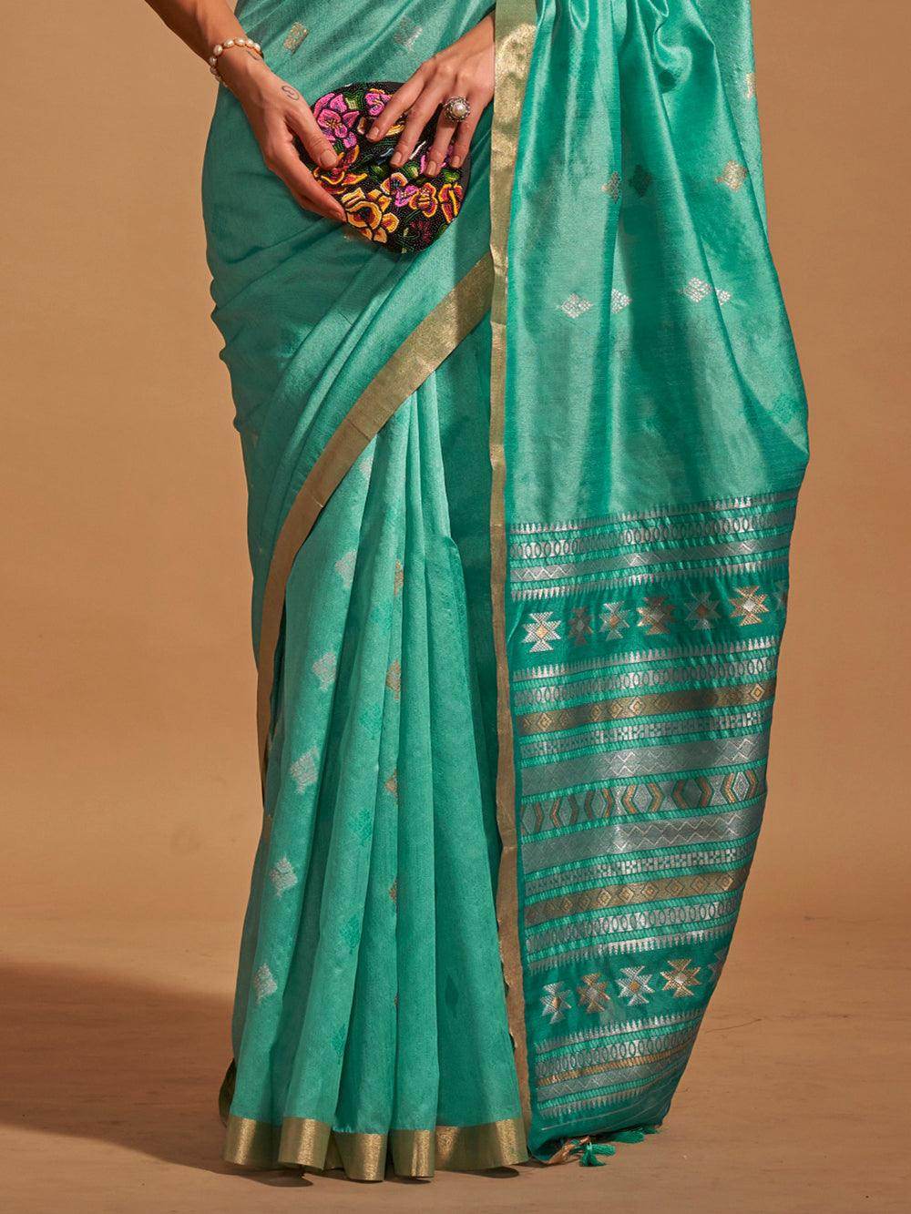 Charming Turquoise Weaving Silk Festival Wear Saree With Blouse - Zeel Clothing