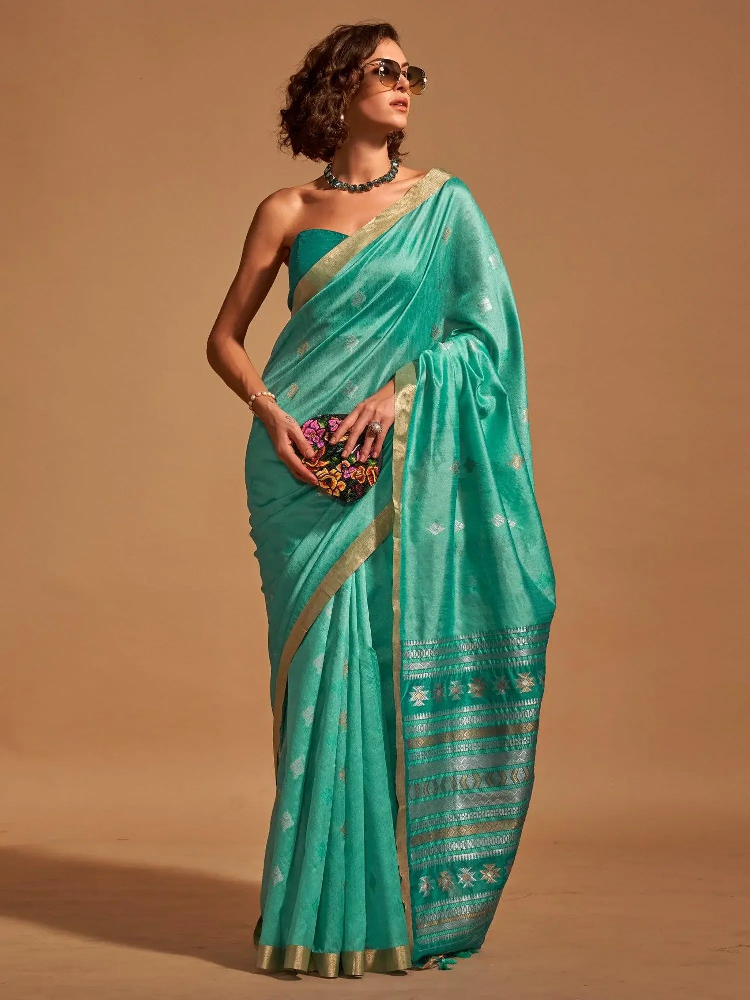 Charming Turquoise Weaving Silk Festival Wear Saree With Blouse - Zeel Clothing