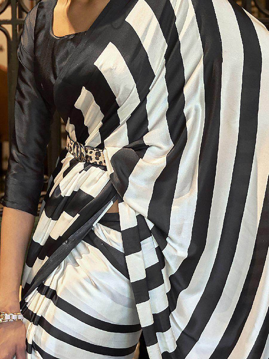 Charming White & Black Printed Satin Silk Party, Wear Saree - Zeel Clothing