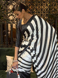 Charming White & Black Printed Satin Silk Party, Wear Saree - Zeel Clothing