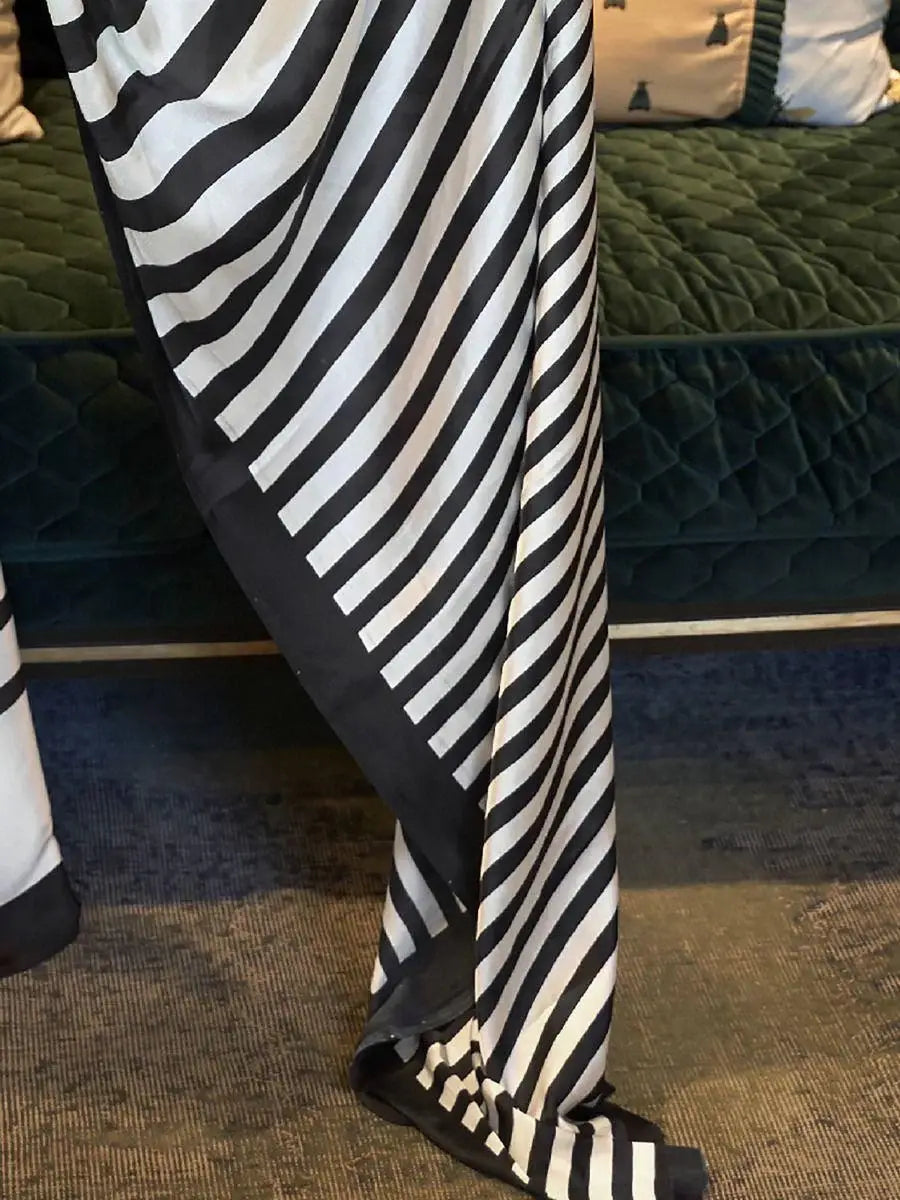 Charming White & Black Printed Satin Silk Party, Wear Saree - Zeel Clothing