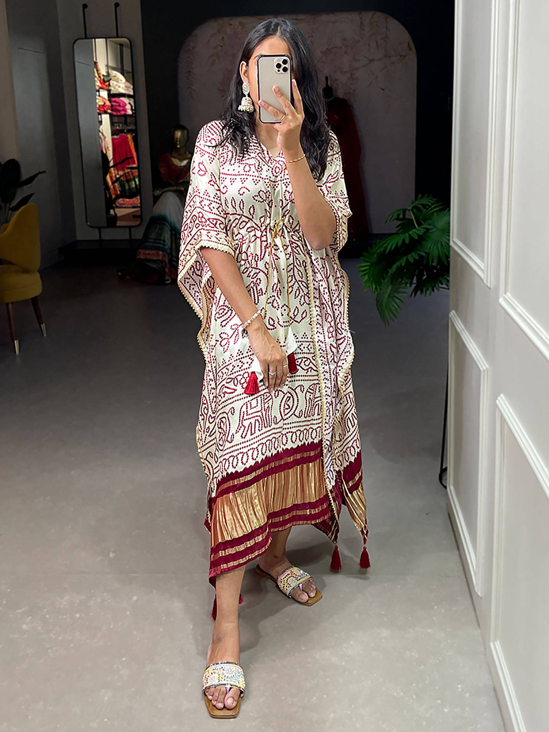 Charming White Bandhani Print Gaji Silk Festival Wear Readymade Kaftan - Zeel Clothing