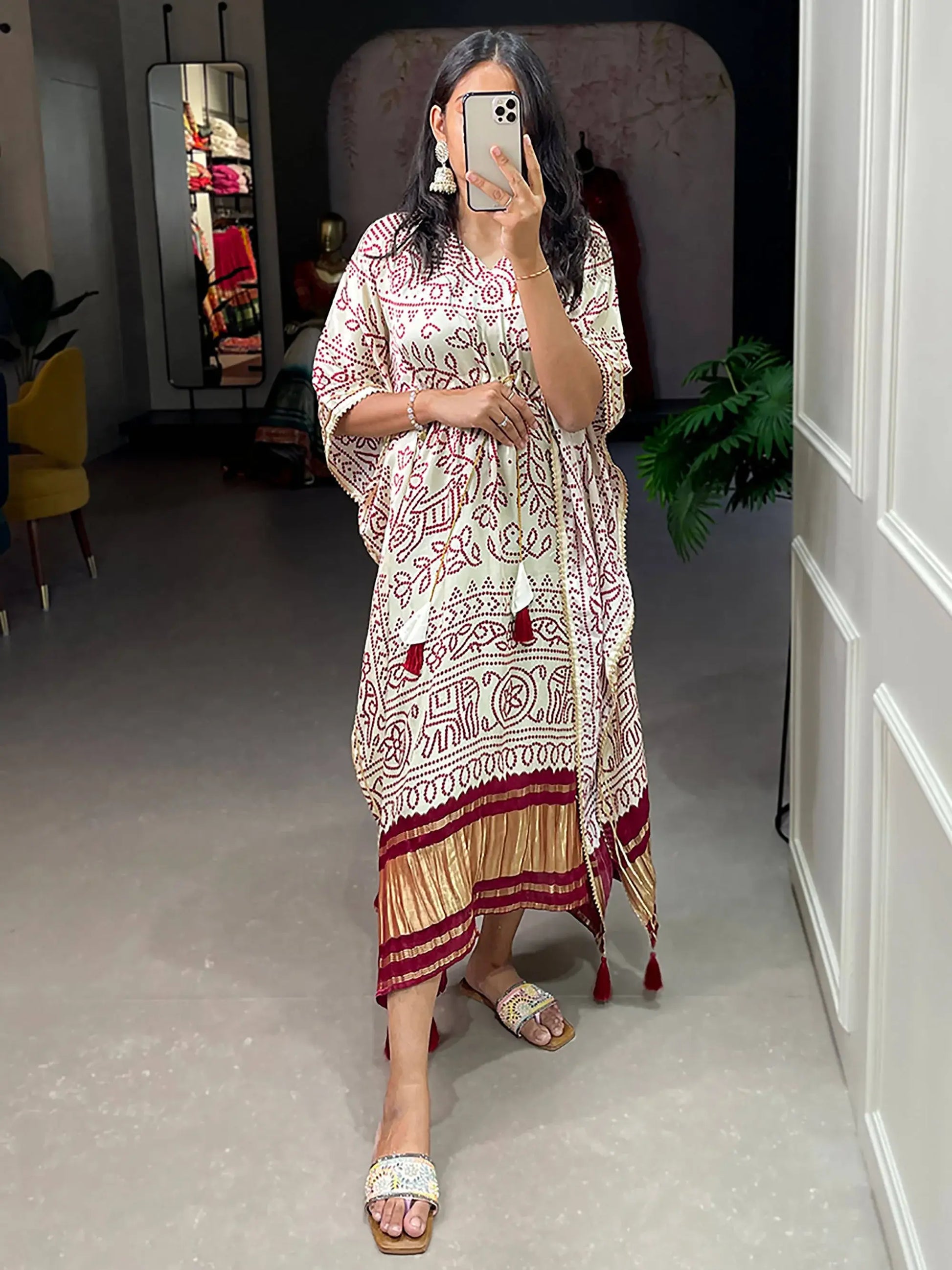 Charming White Bandhani Print Gaji Silk Festival Wear Readymade Kaftan - Zeel Clothing