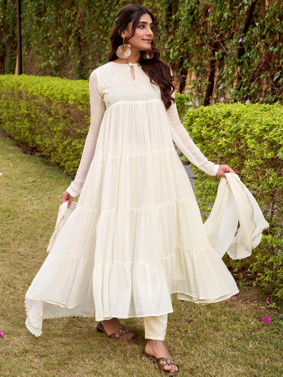 Charming White Foil Work Chiffon Festive Salwar Kameez With Dupatta