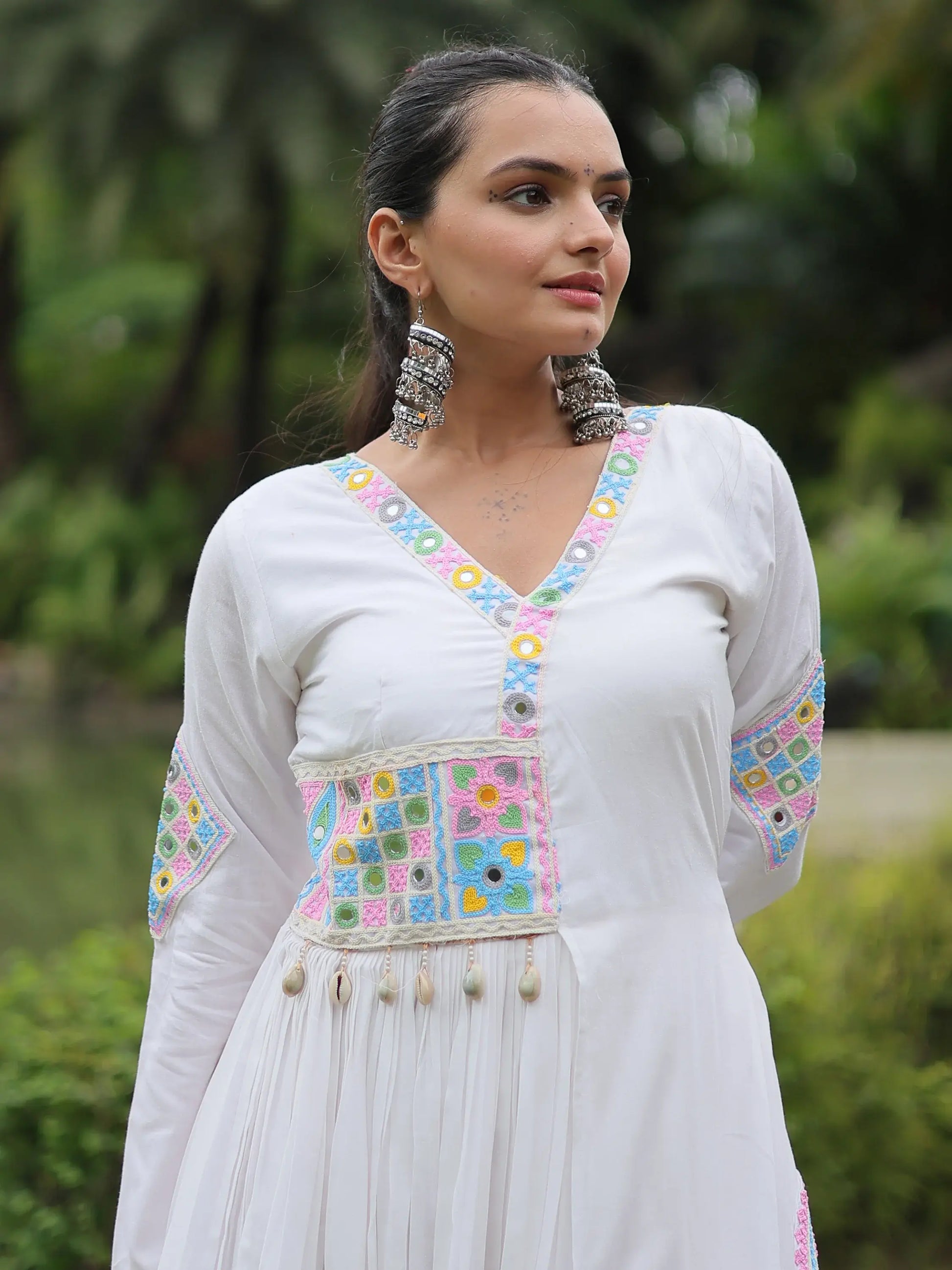 Charming White Gamthi Work Rayon Navratri Wear Gown - Zeel Clothing