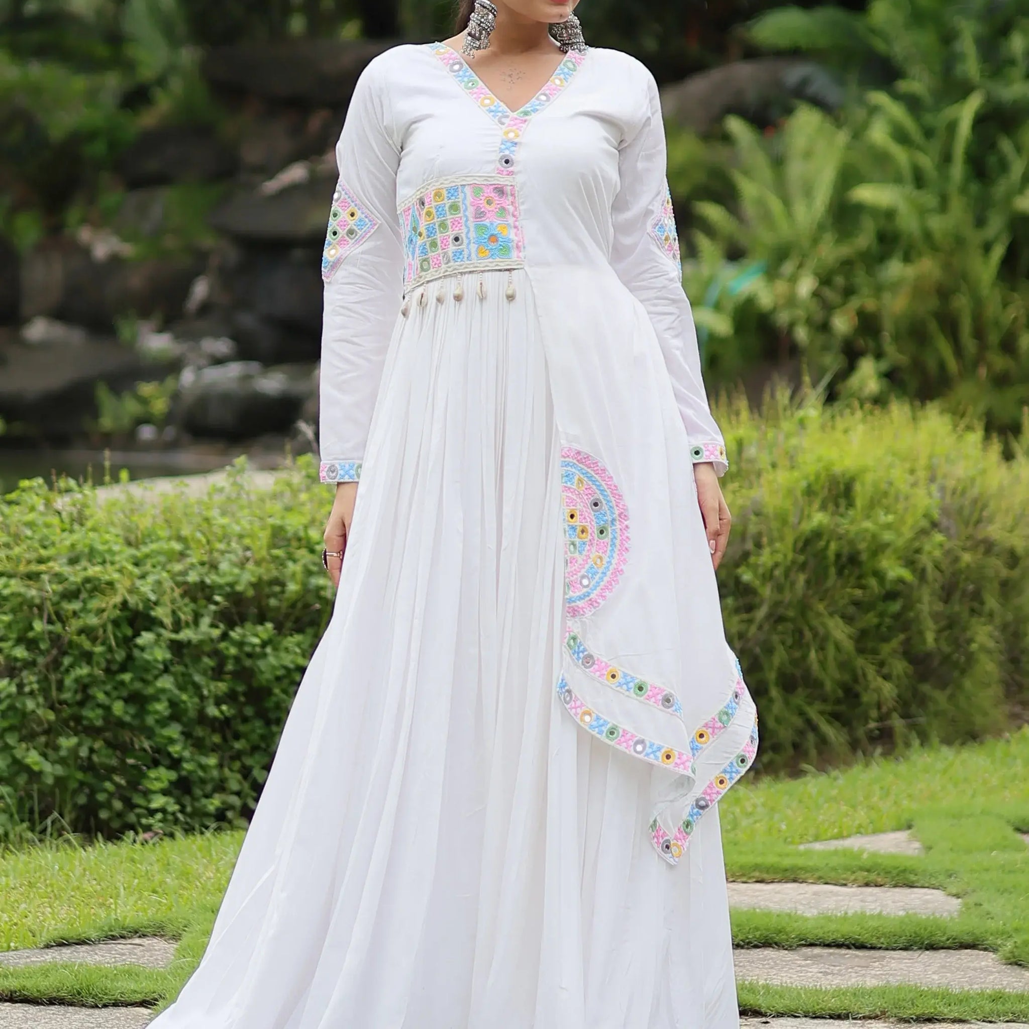 Charming White Gamthi Work Rayon Navratri Wear Gown - Zeel Clothing