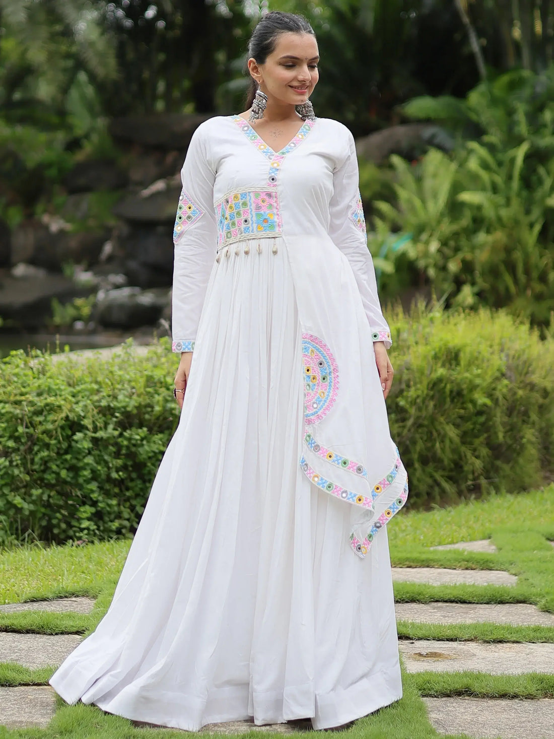Charming White Gamthi Work Rayon Navratri Wear Gown - Zeel Clothing