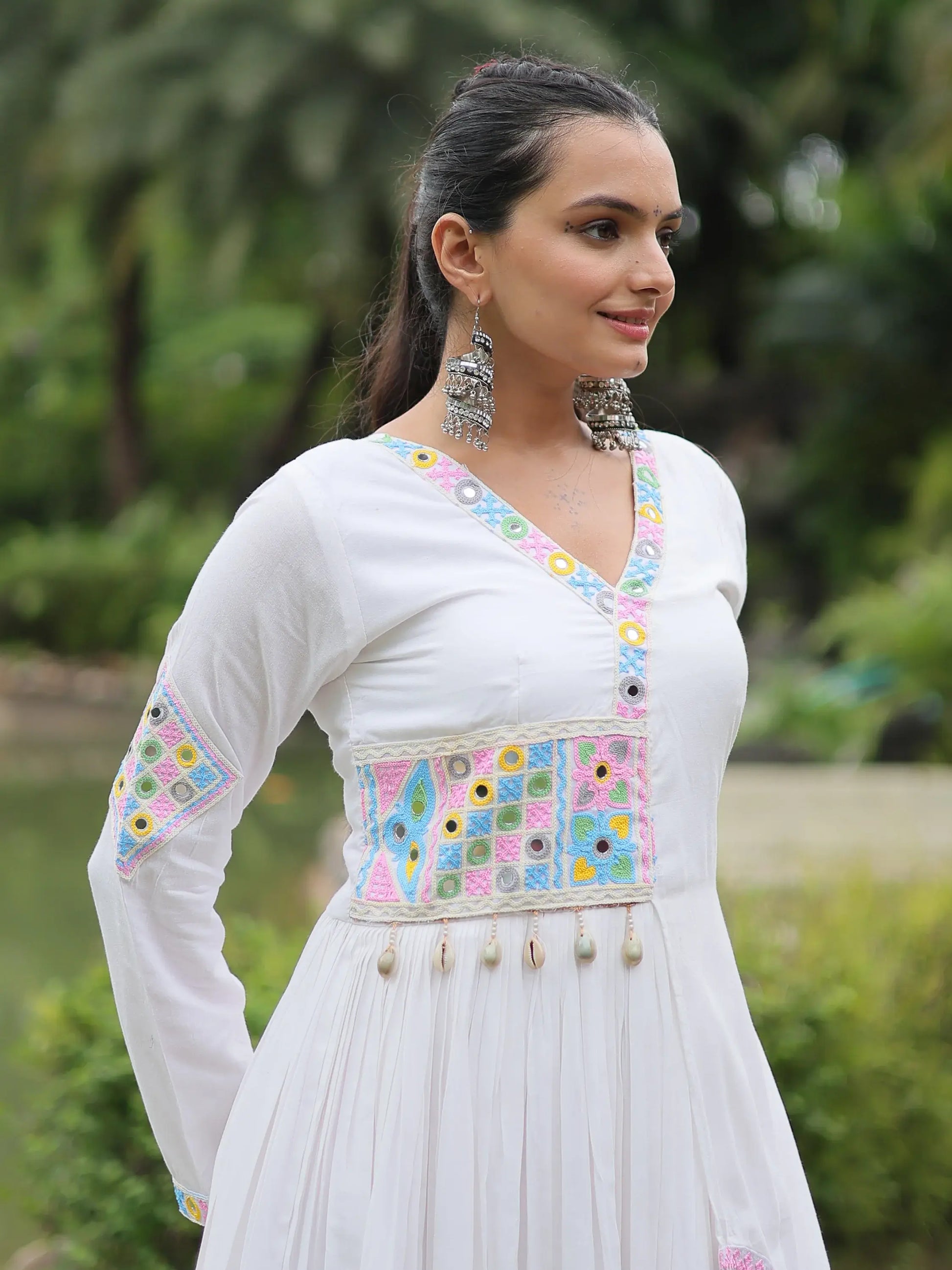 Charming White Gamthi Work Rayon Navratri Wear Gown - Zeel Clothing