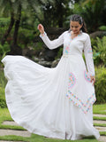 Charming White Gamthi Work Rayon Navratri Wear Gown - Zeel Clothing