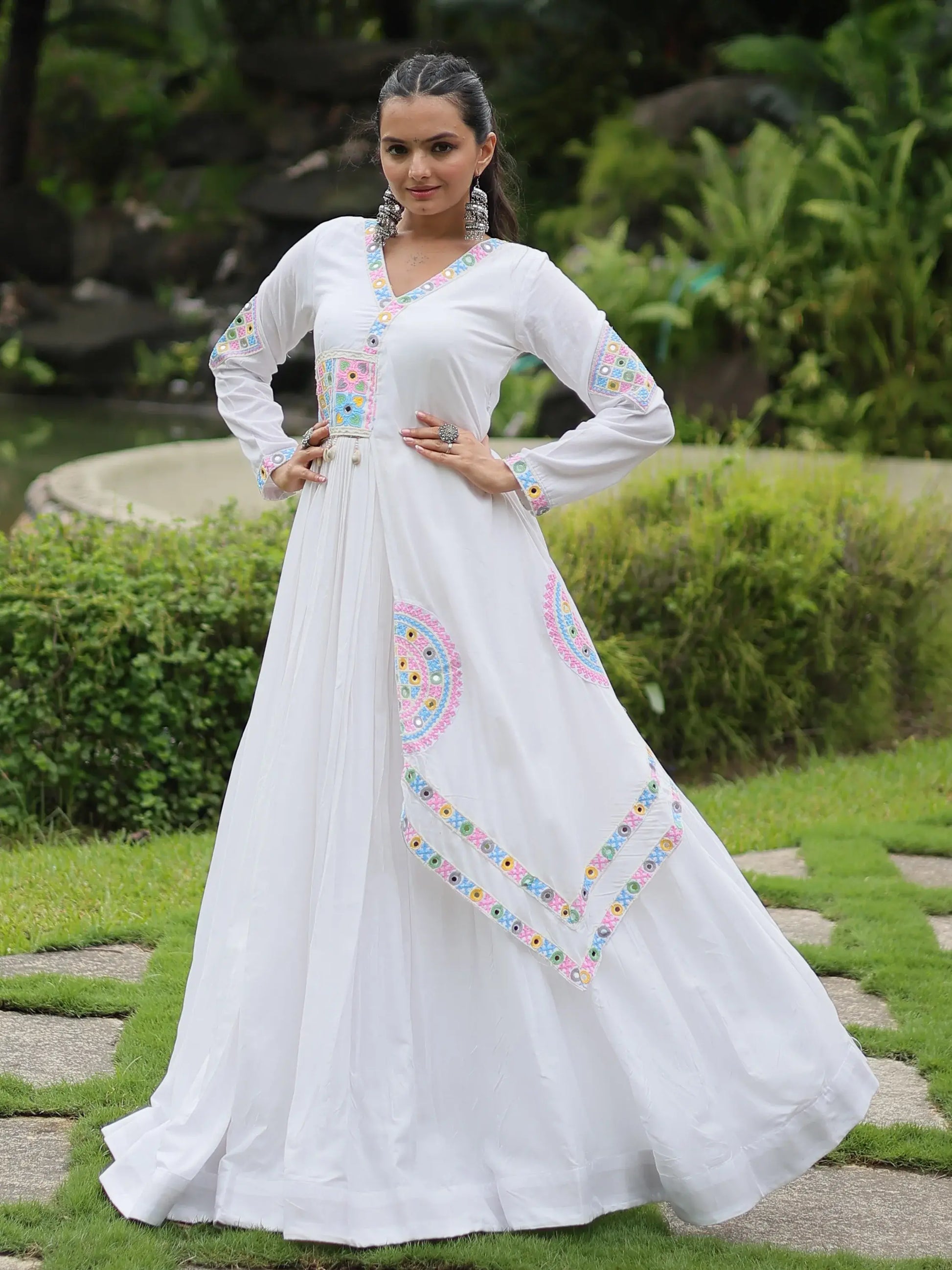 Charming White Gamthi Work Rayon Navratri Wear Gown - Zeel Clothing