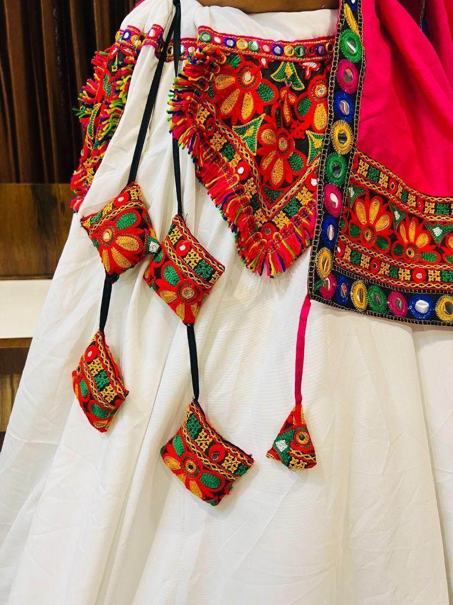 Charming White Mirror Work Cotton Navratri Wear Lehenga Choli - Zeel Clothing