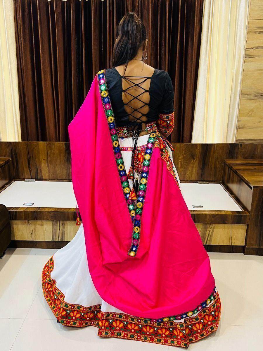 Charming White Mirror Work Cotton Navratri Wear Lehenga Choli - Zeel Clothing