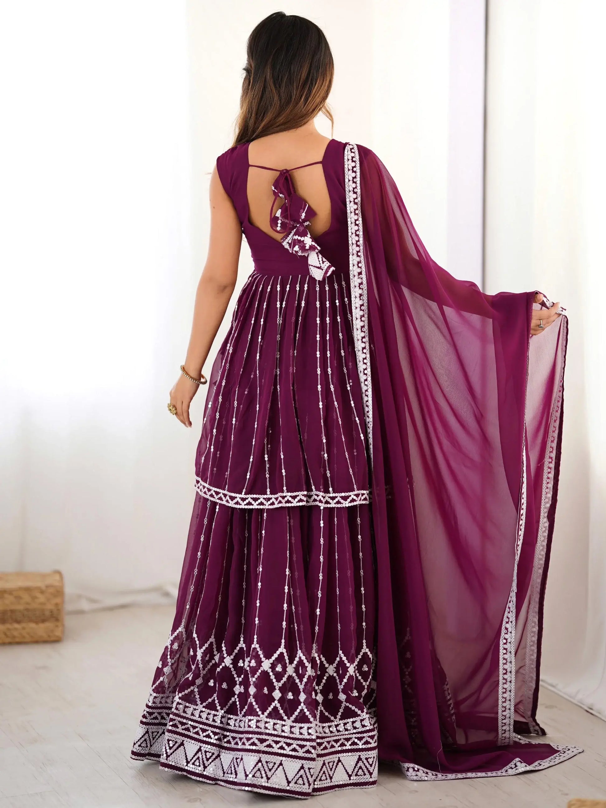 Charming Wine Sequins Georgette Wedding Wear Peplum Top With Lehenga - Zeel Clothing