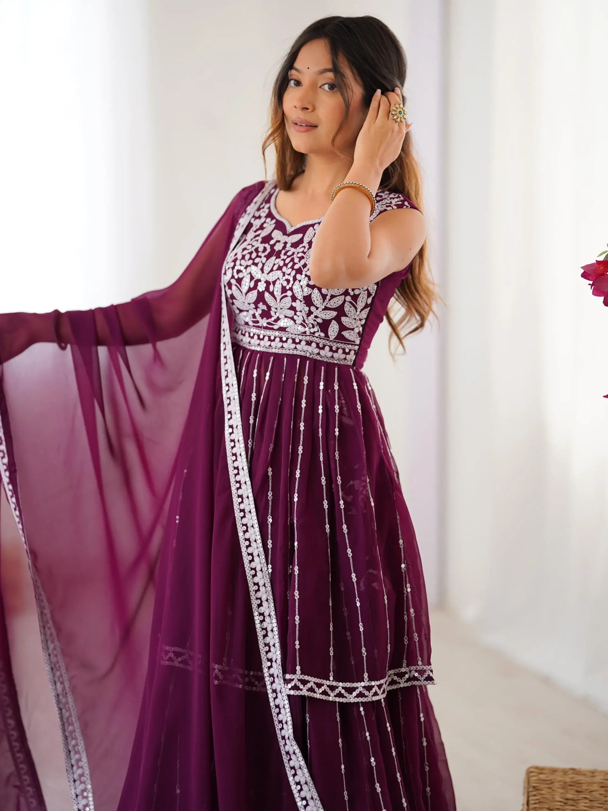 Charming Wine Sequins Georgette Wedding Wear Peplum Top With Lehenga - Zeel Clothing