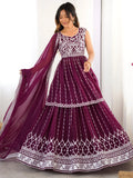 Charming Wine Sequins Georgette Wedding Wear Peplum Top With Lehenga - Zeel Clothing