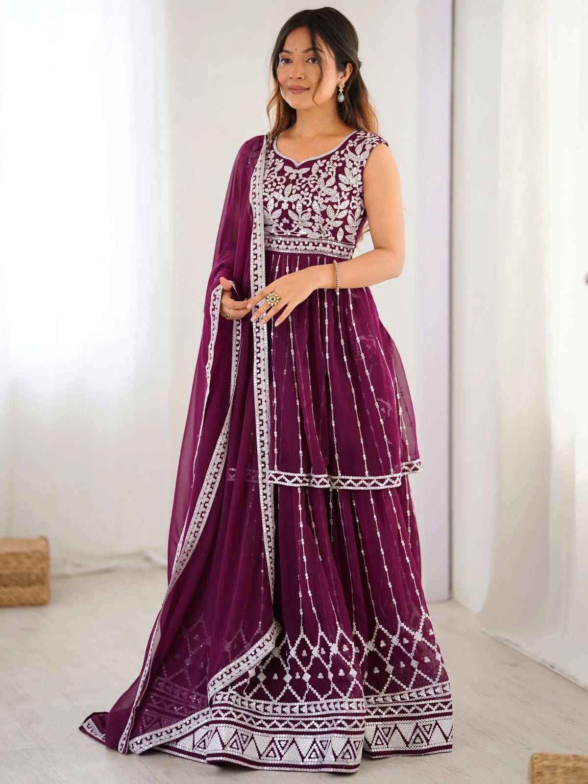 Charming Wine Sequins Georgette Wedding Wear Peplum Top With Lehenga - Zeel Clothing