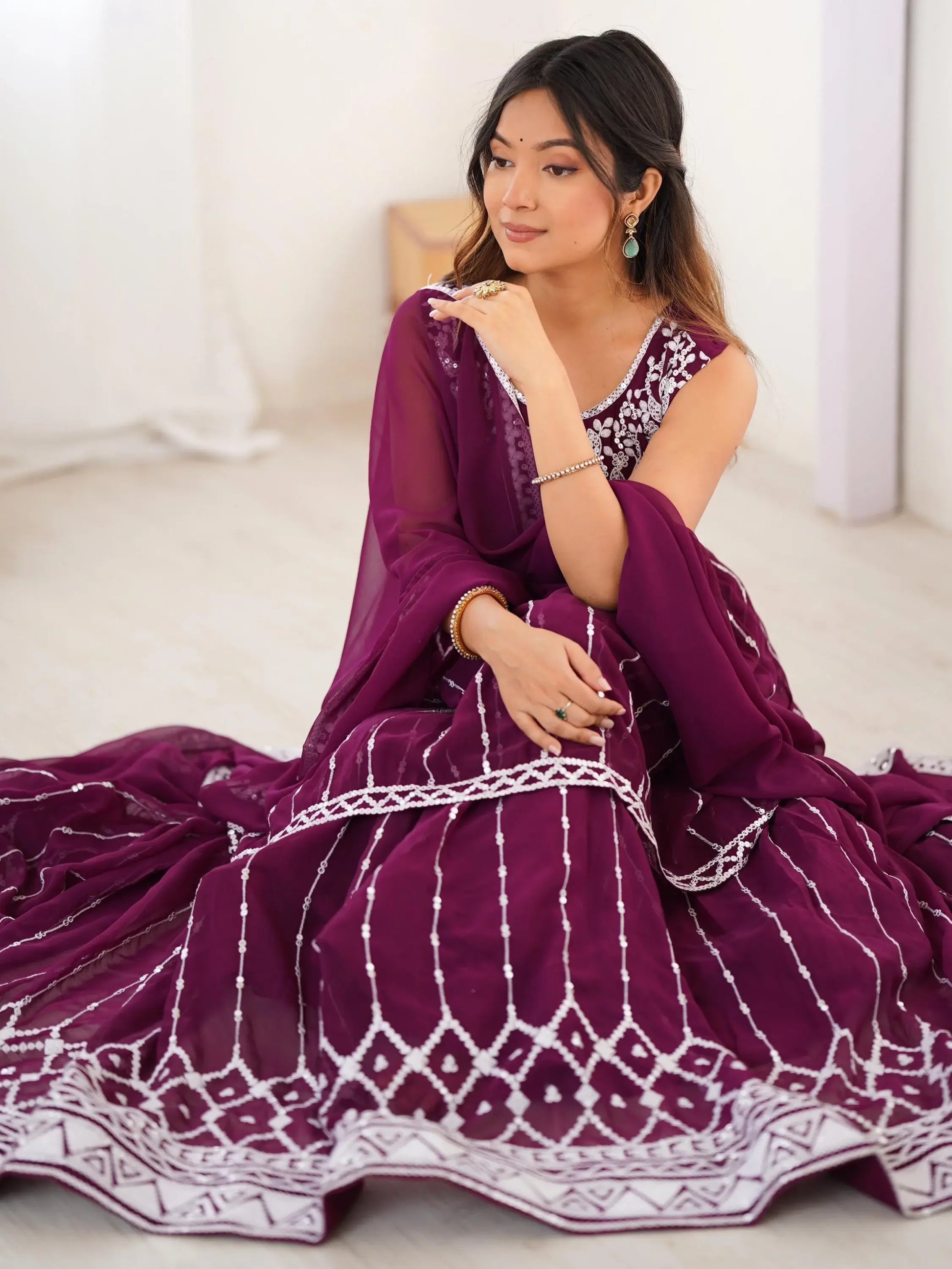 Charming Wine Sequins Georgette Wedding Wear Peplum Top With Lehenga - Zeel Clothing
