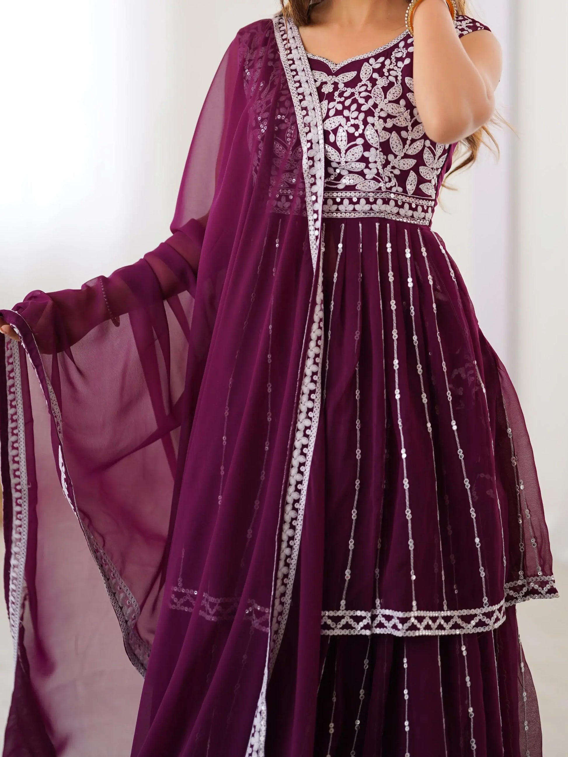 Charming Wine Sequins Georgette Wedding Wear Peplum Top With Lehenga - Zeel Clothing