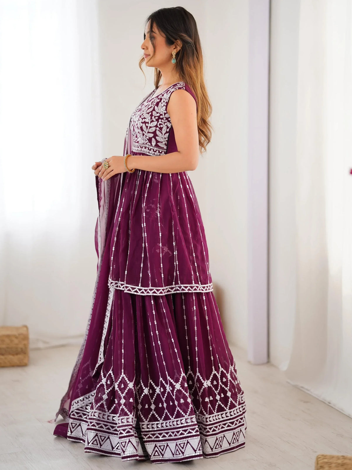 Charming Wine Sequins Georgette Wedding Wear Peplum Top With Lehenga - Zeel Clothing
