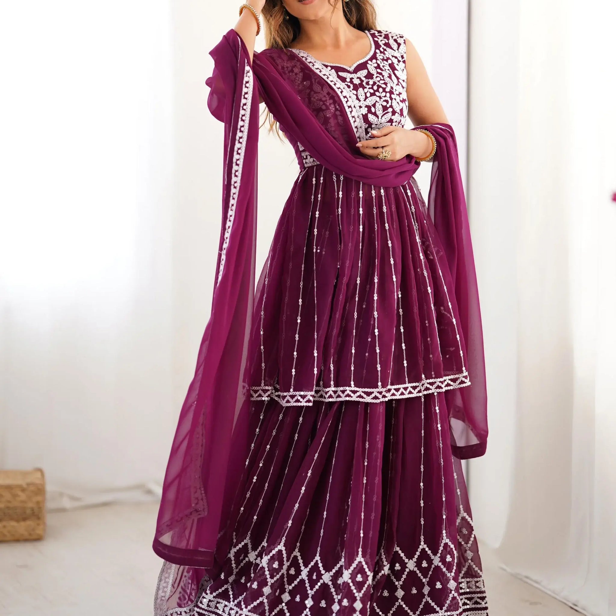 Charming Wine Sequins Georgette Wedding Wear Peplum Top With Lehenga - Zeel Clothing