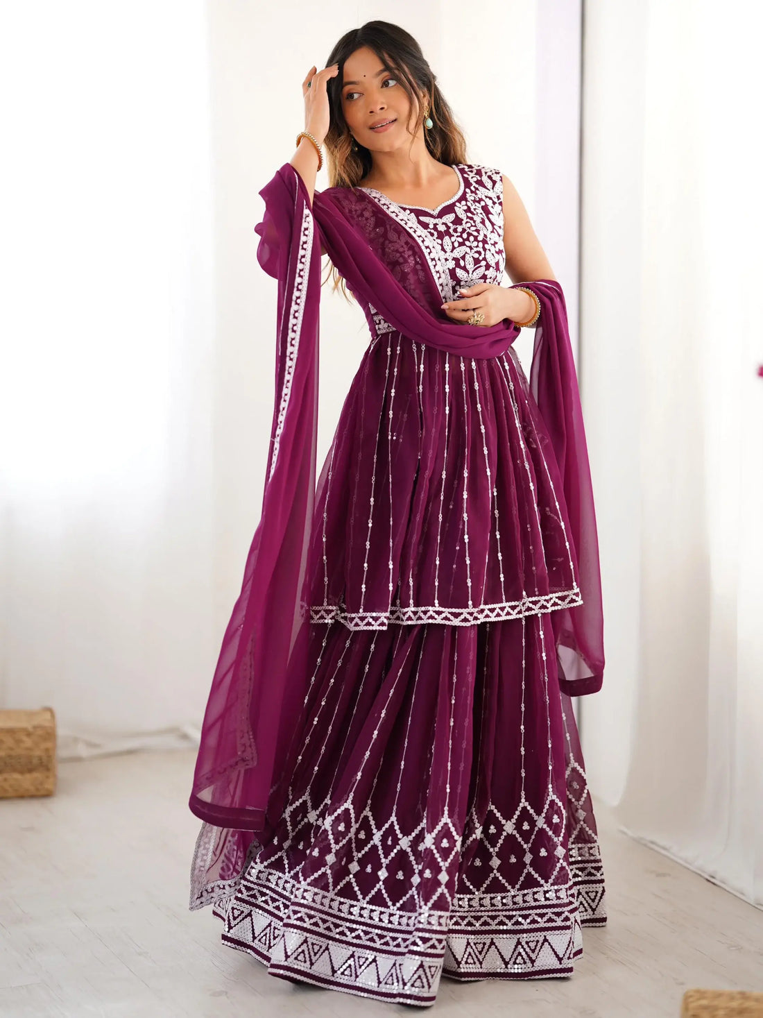 Charming Wine Sequins Georgette Wedding Wear Peplum Top With Lehenga - Zeel Clothing