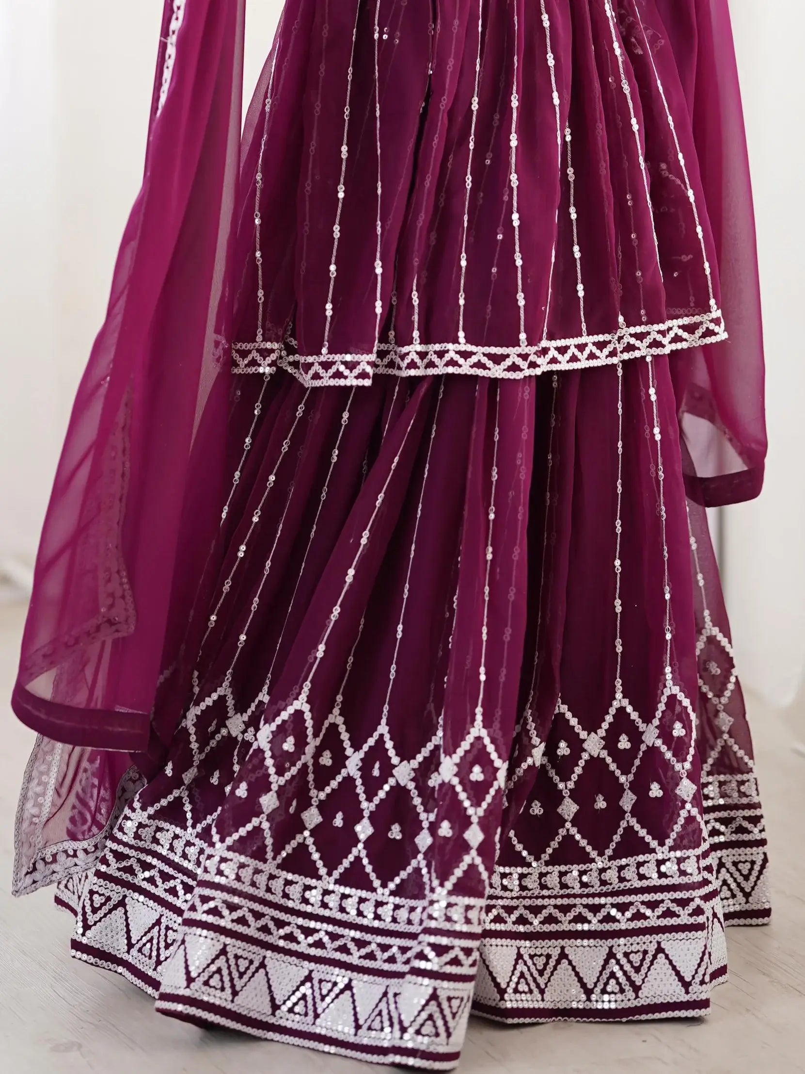 Charming Wine Sequins Georgette Wedding Wear Peplum Top With Lehenga - Zeel Clothing