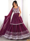 Charming Wine Sequins Georgette Wedding Wear Peplum Top With Lehenga - Zeel Clothing