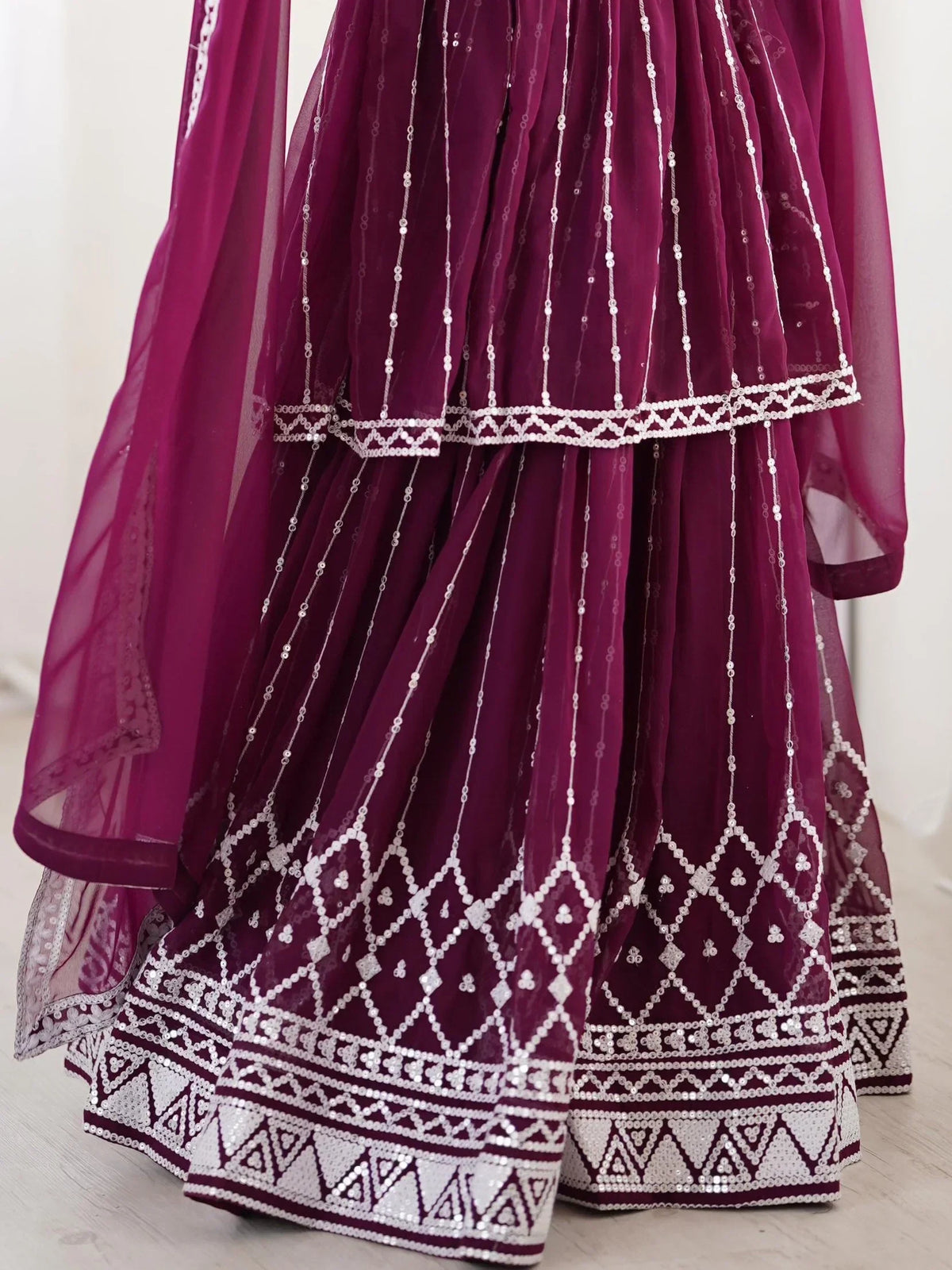 Charming Wine Sequins Georgette Wedding Wear Peplum Top With Lehenga - Zeel Clothing