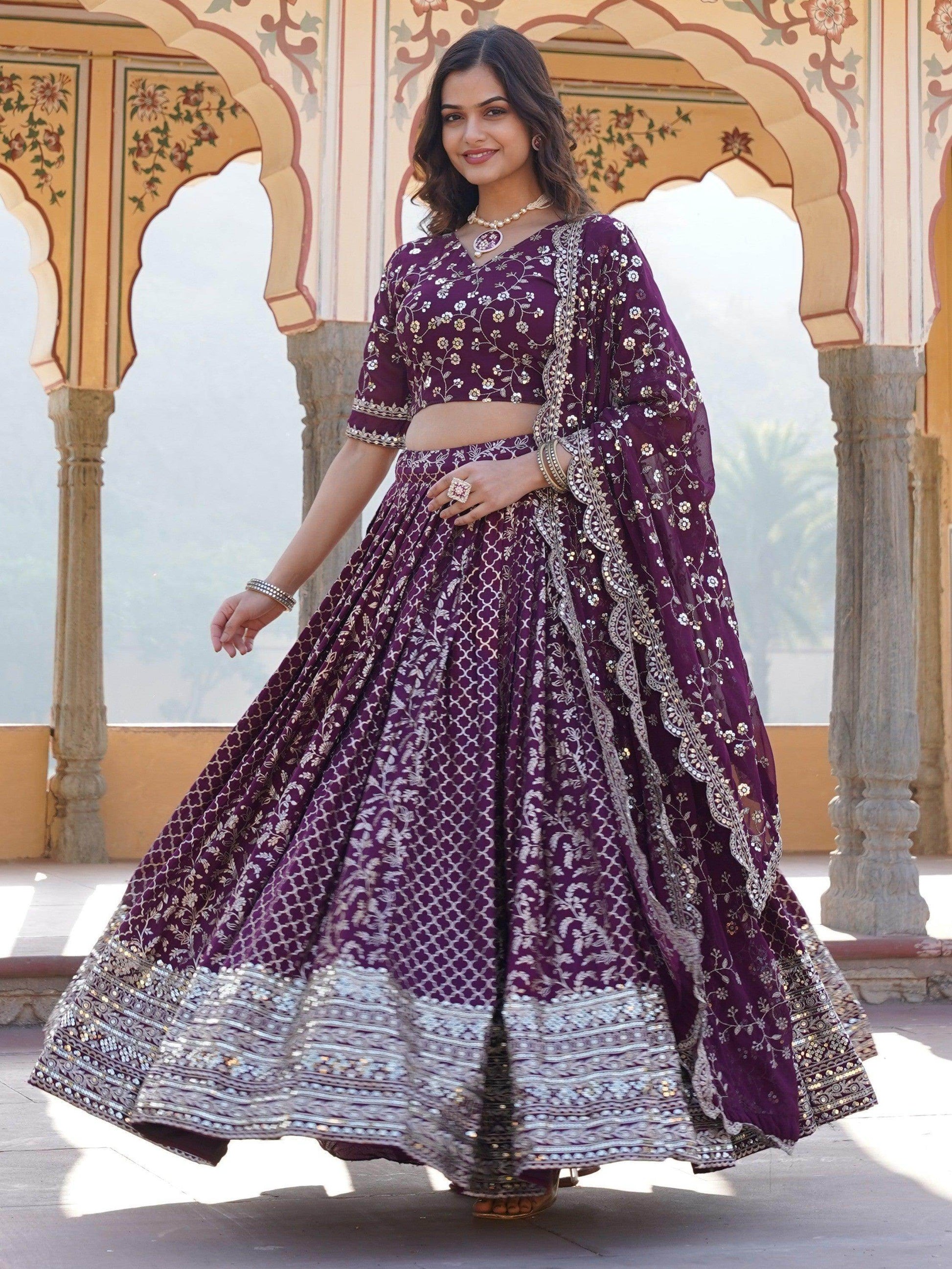 Charming Wine Sequins Jacquard Engagement Wear Lehenga Choli - Zeel Clothing