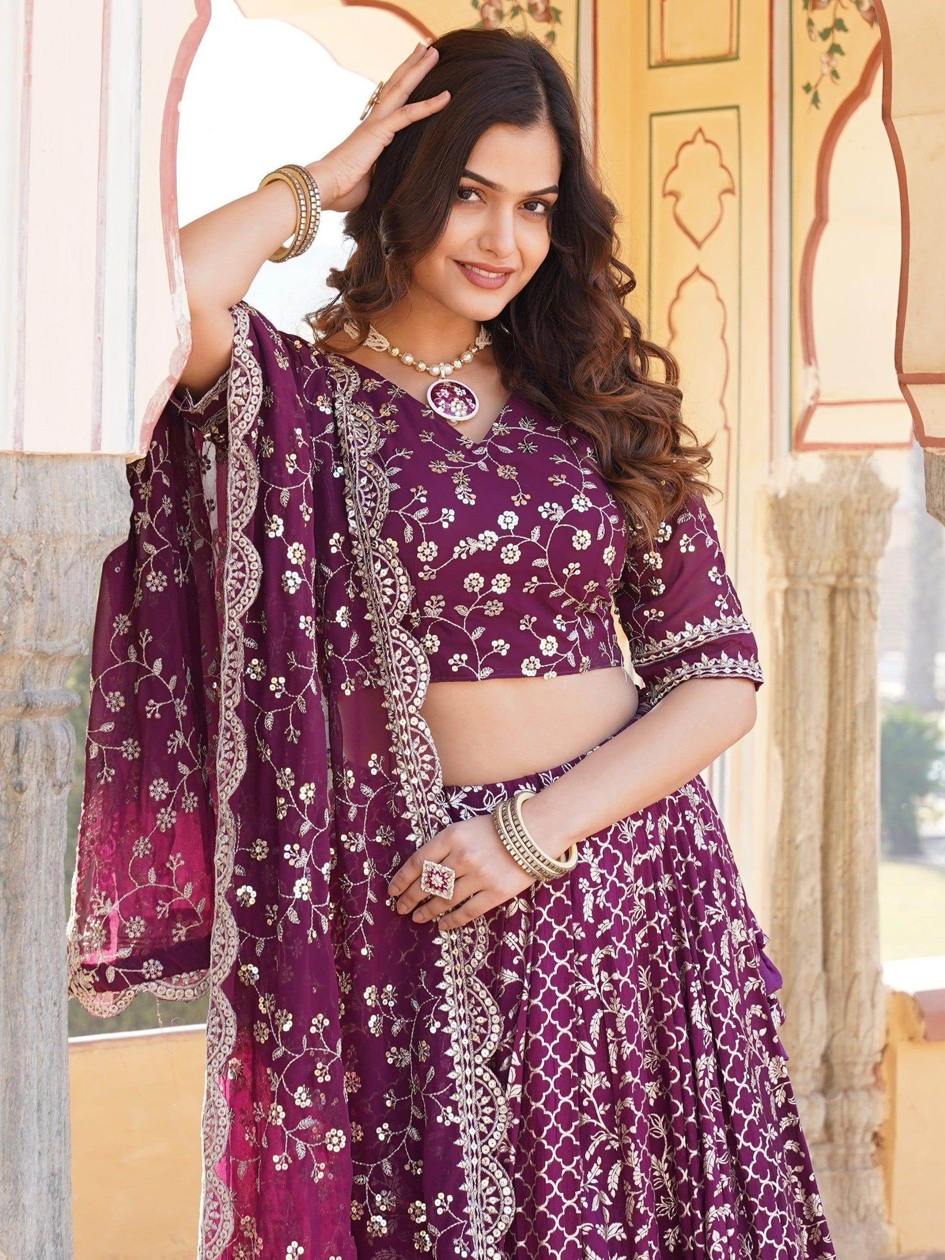 Charming Wine Sequins Jacquard Engagement Wear Lehenga Choli - Zeel Clothing