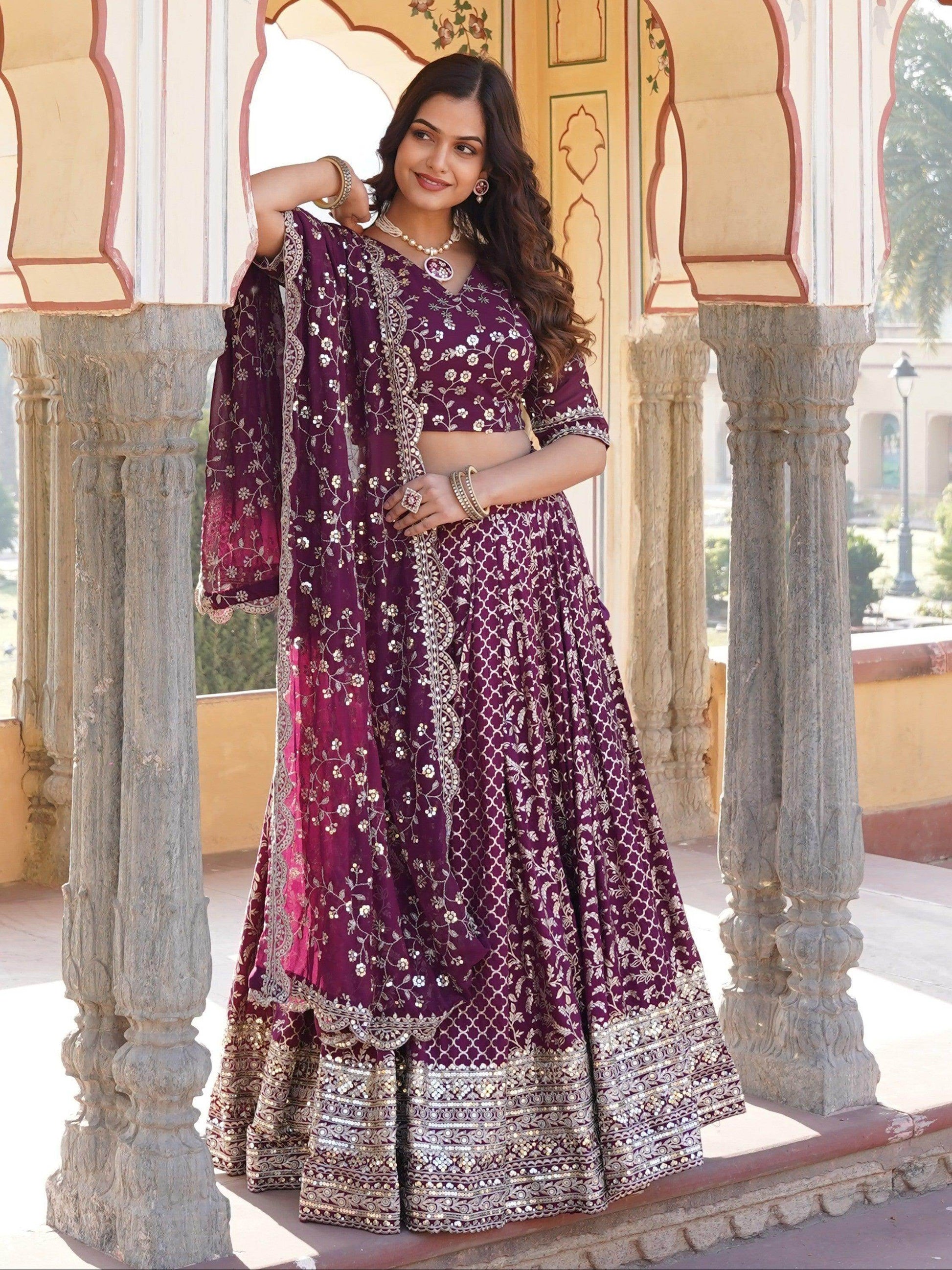 Charming Wine Sequins Jacquard Engagement Wear Lehenga Choli - Zeel Clothing