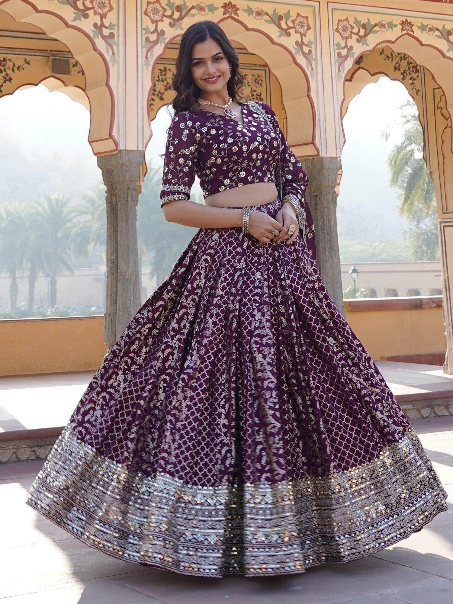 Charming Wine Sequins Jacquard Engagement Wear Lehenga Choli - Zeel Clothing