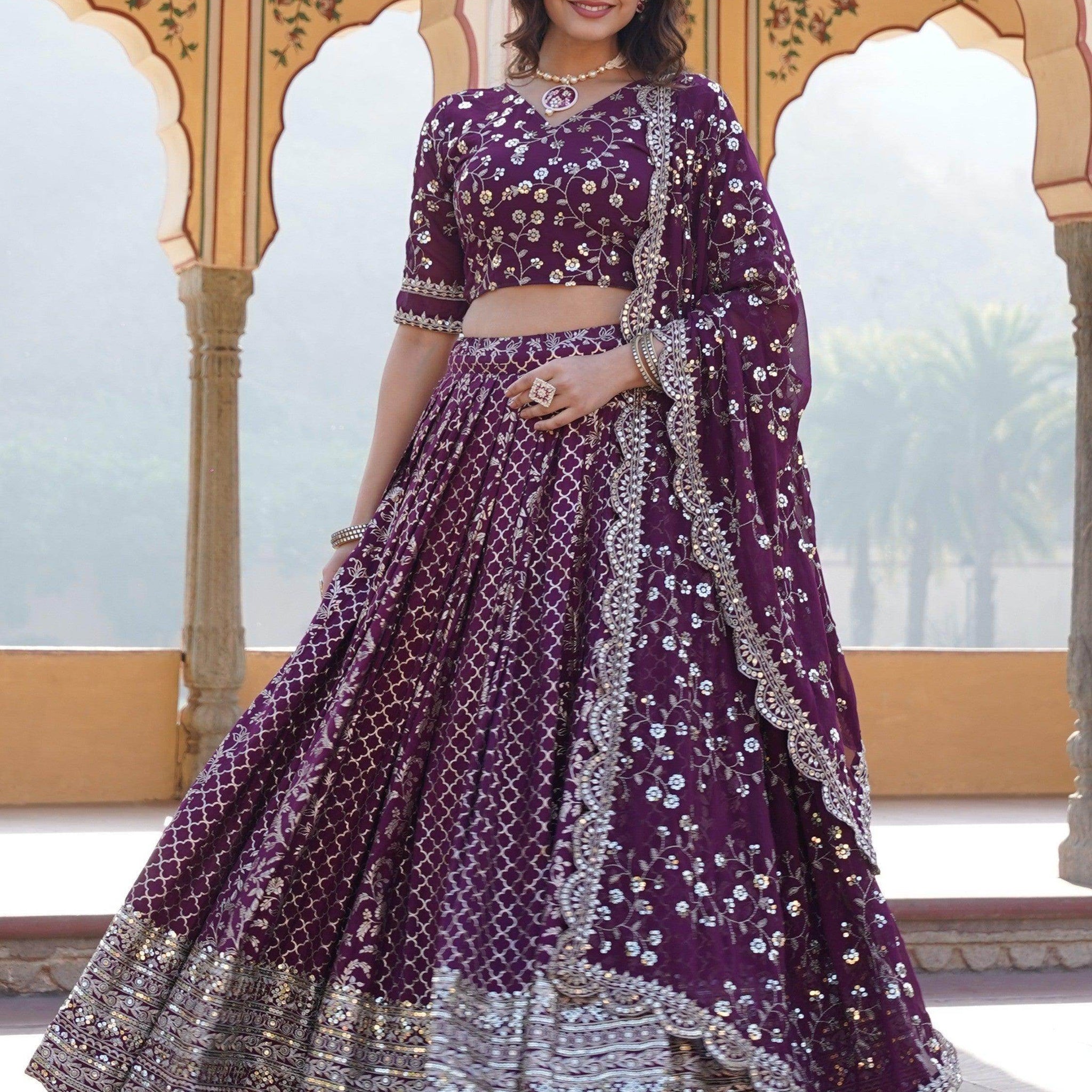 Charming Wine Sequins Jacquard Engagement Wear Lehenga Choli - Zeel Clothing