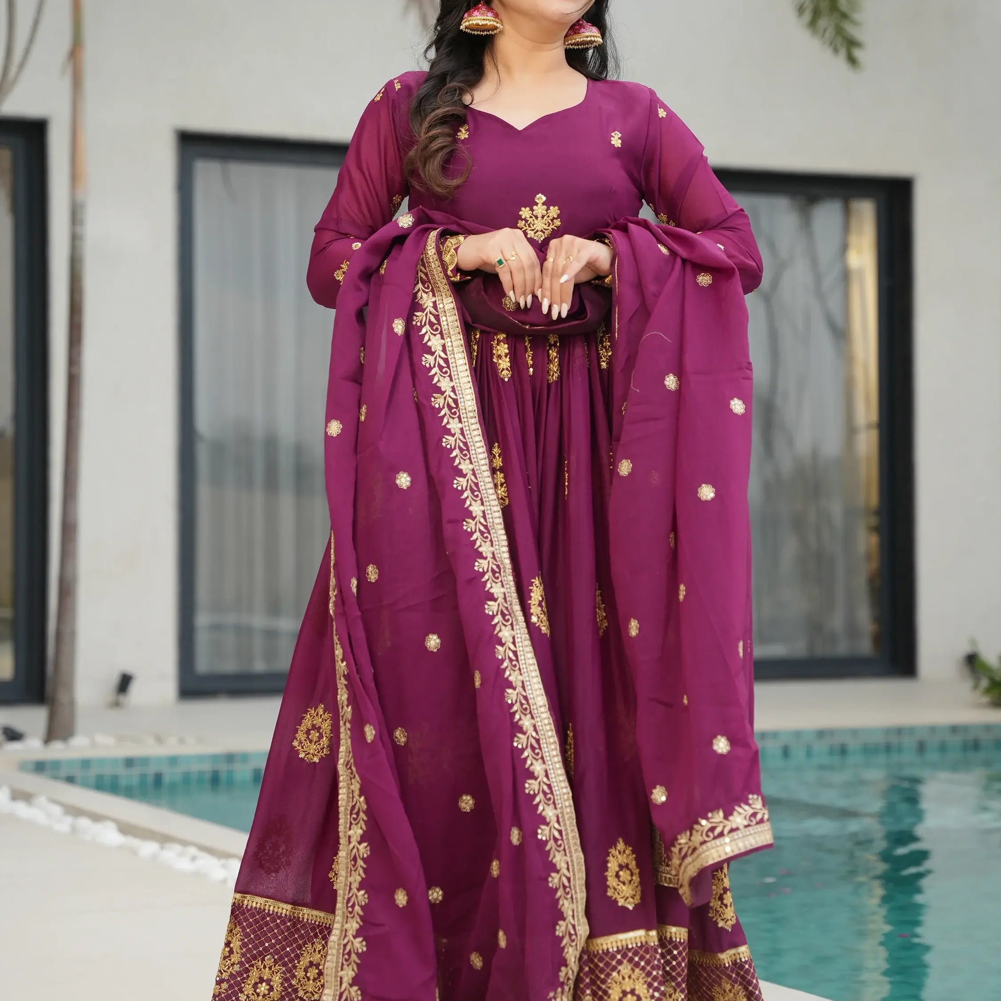 Charming Wine Zari Embroidery Georgette Gown With Dupatta - Zeel Clothing