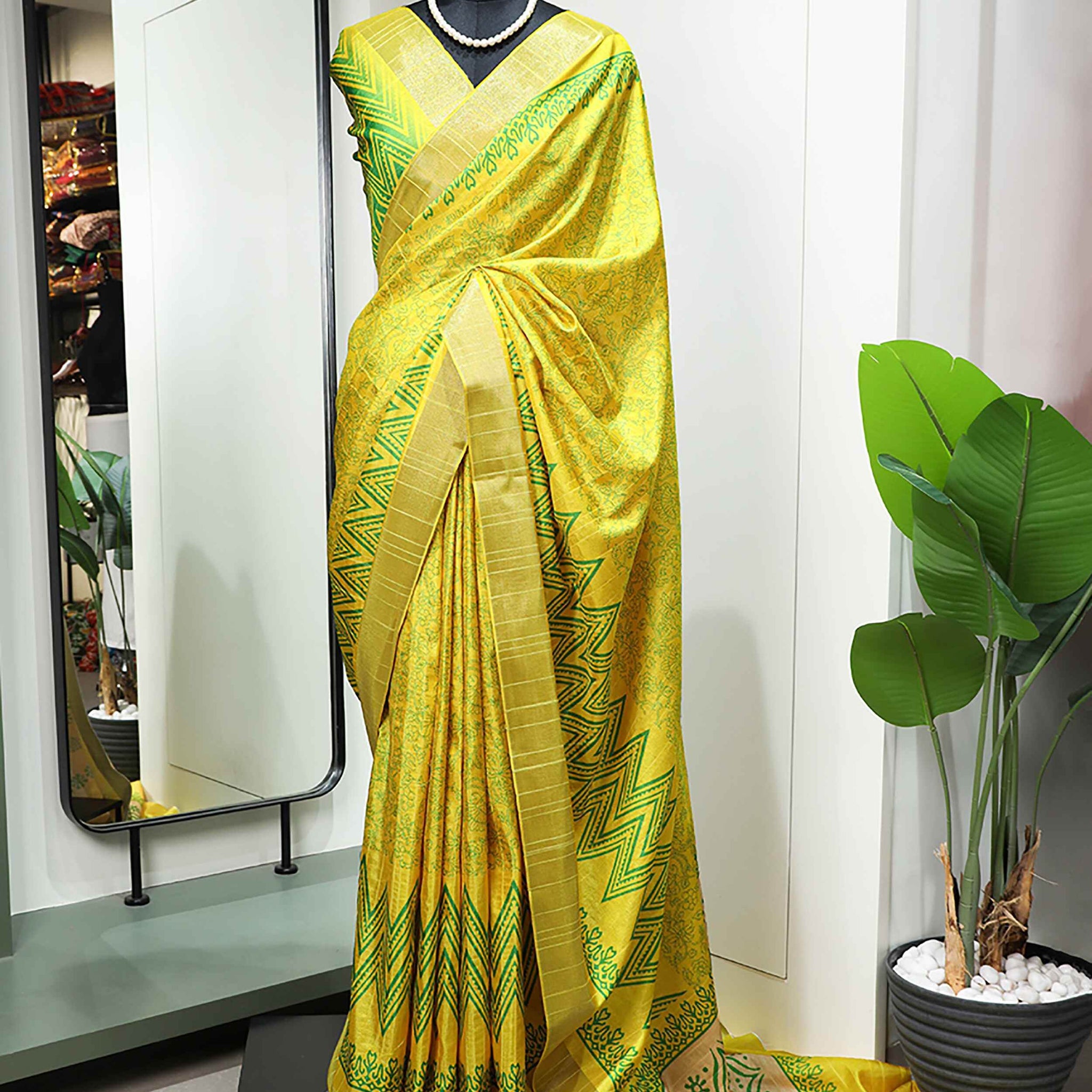 Charming Yellow Digital Printed Handloom Kotha Border Saree With Blouse - Zeel Clothing