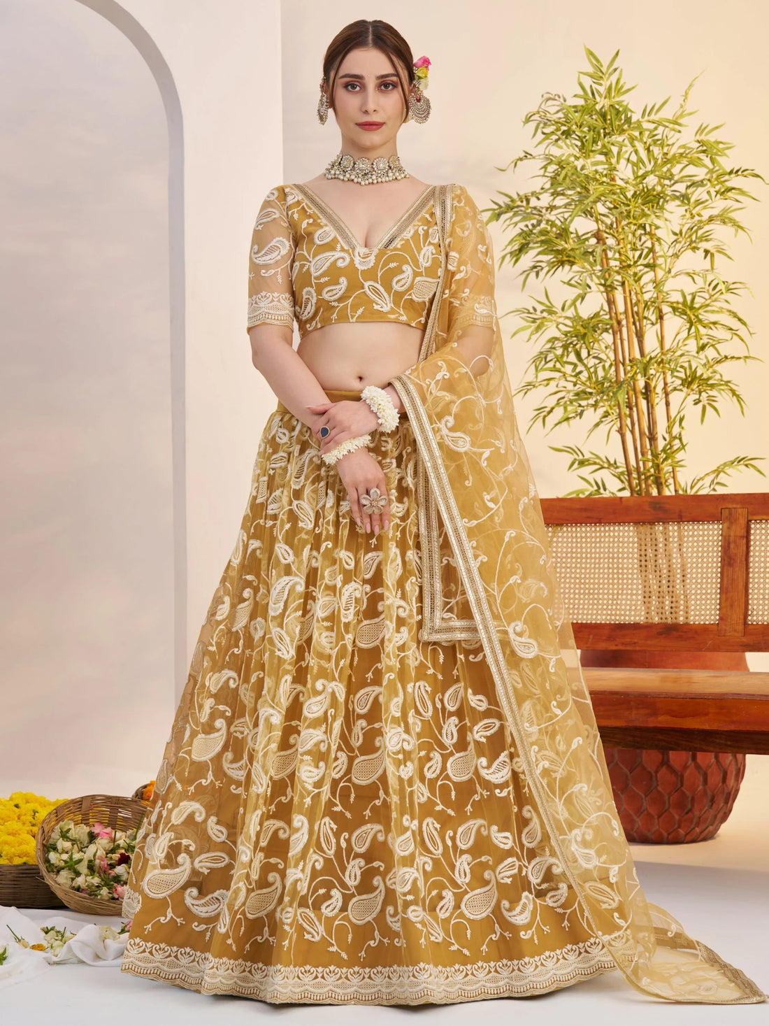 Charming Yellow Embroidered Net Haldi Wear Lehenga Choli With Dupatta