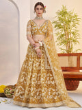 Charming Yellow Embroidered Net Haldi Wear Lehenga Choli With Dupatta