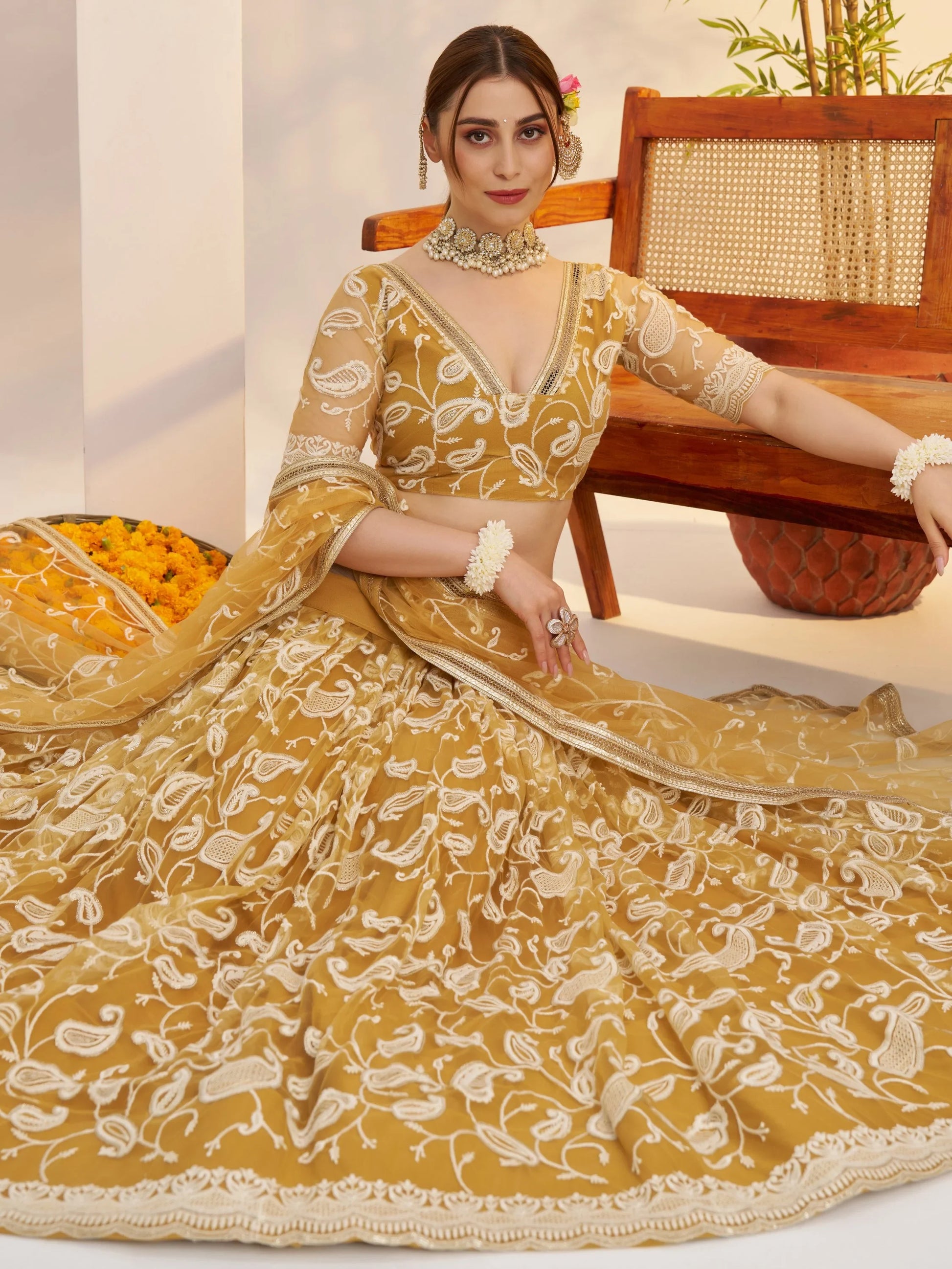 Charming Yellow Embroidered Net Haldi Wear Lehenga Choli With Dupatta