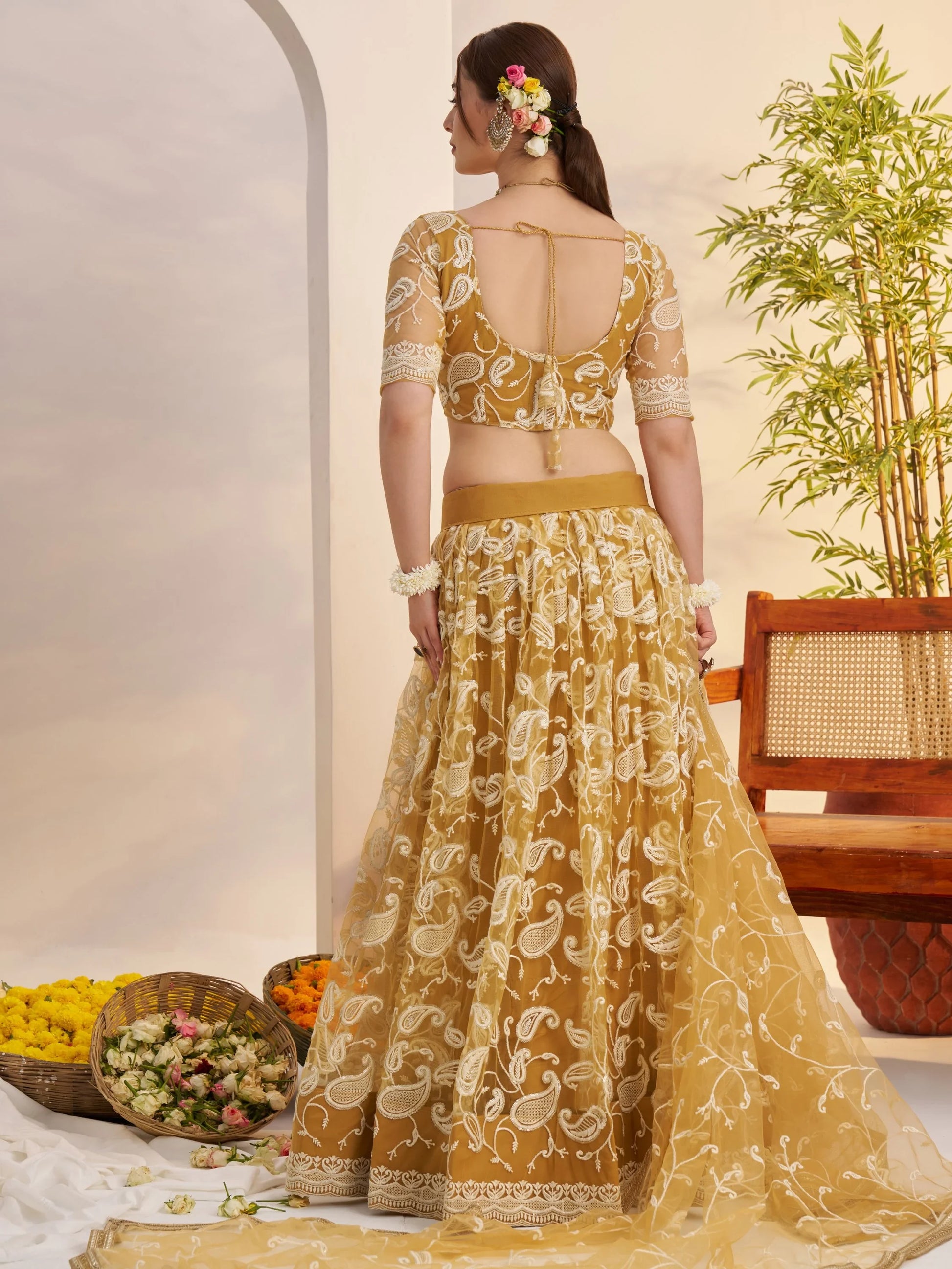 Charming Yellow Embroidered Net Haldi Wear Lehenga Choli With Dupatta