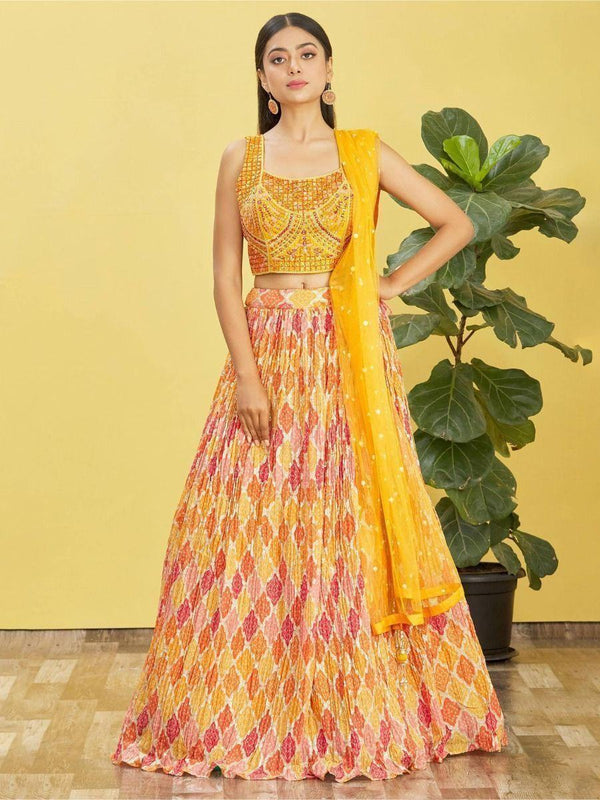 Charming Yellow Embroidered Work Chinon Engagement Lehenga Choli