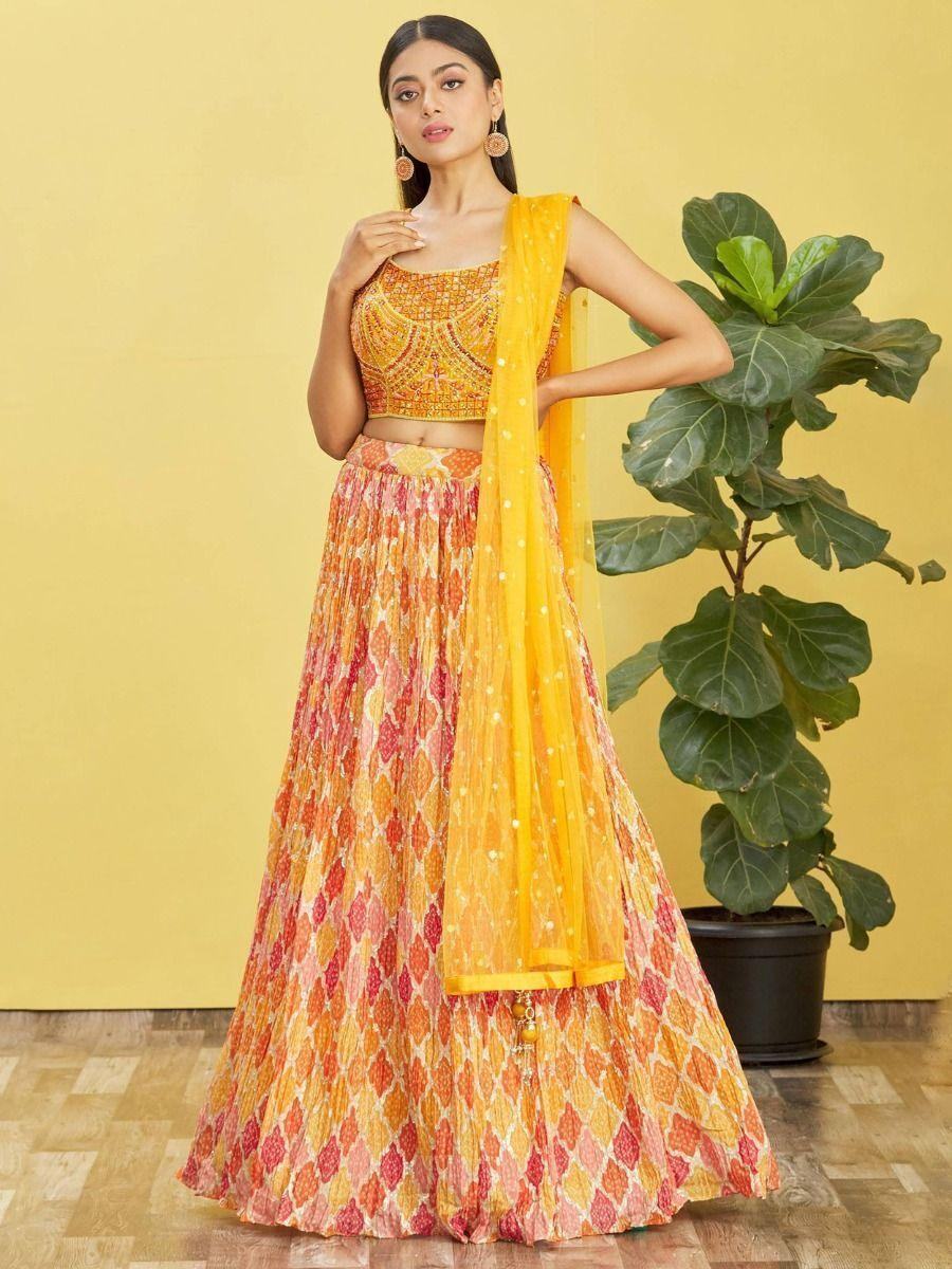 Charming Yellow Embroidered Work Chinon Engagement Lehenga Choli