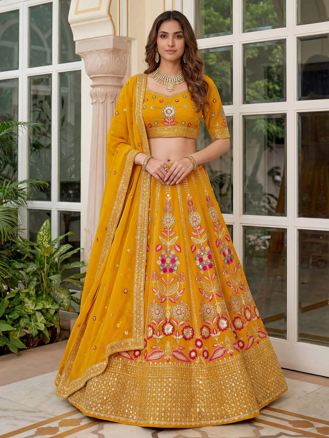 Charming Yellow Floral Embroidery Georgette Haldi Wear Lehenga With Blouse